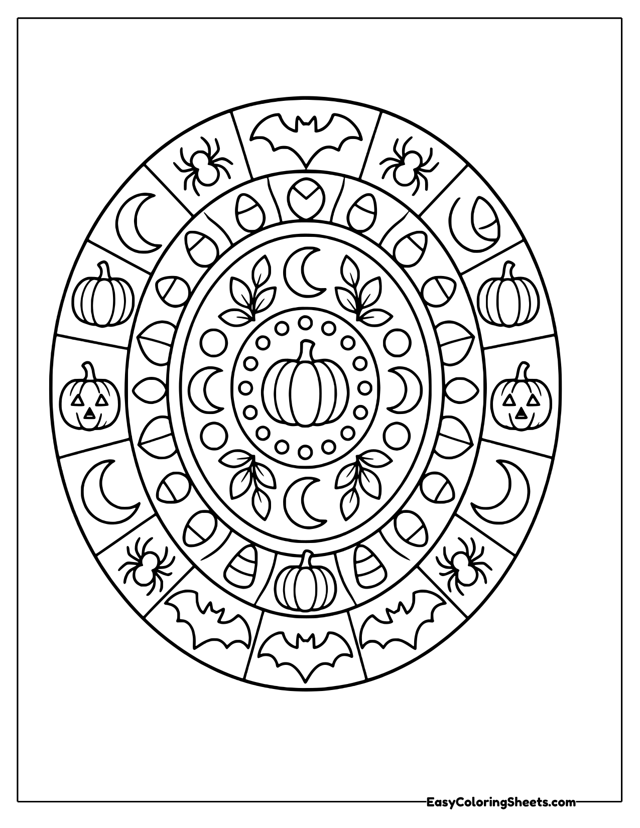 Halloween mandala ringed with bats, pumpkins and moons