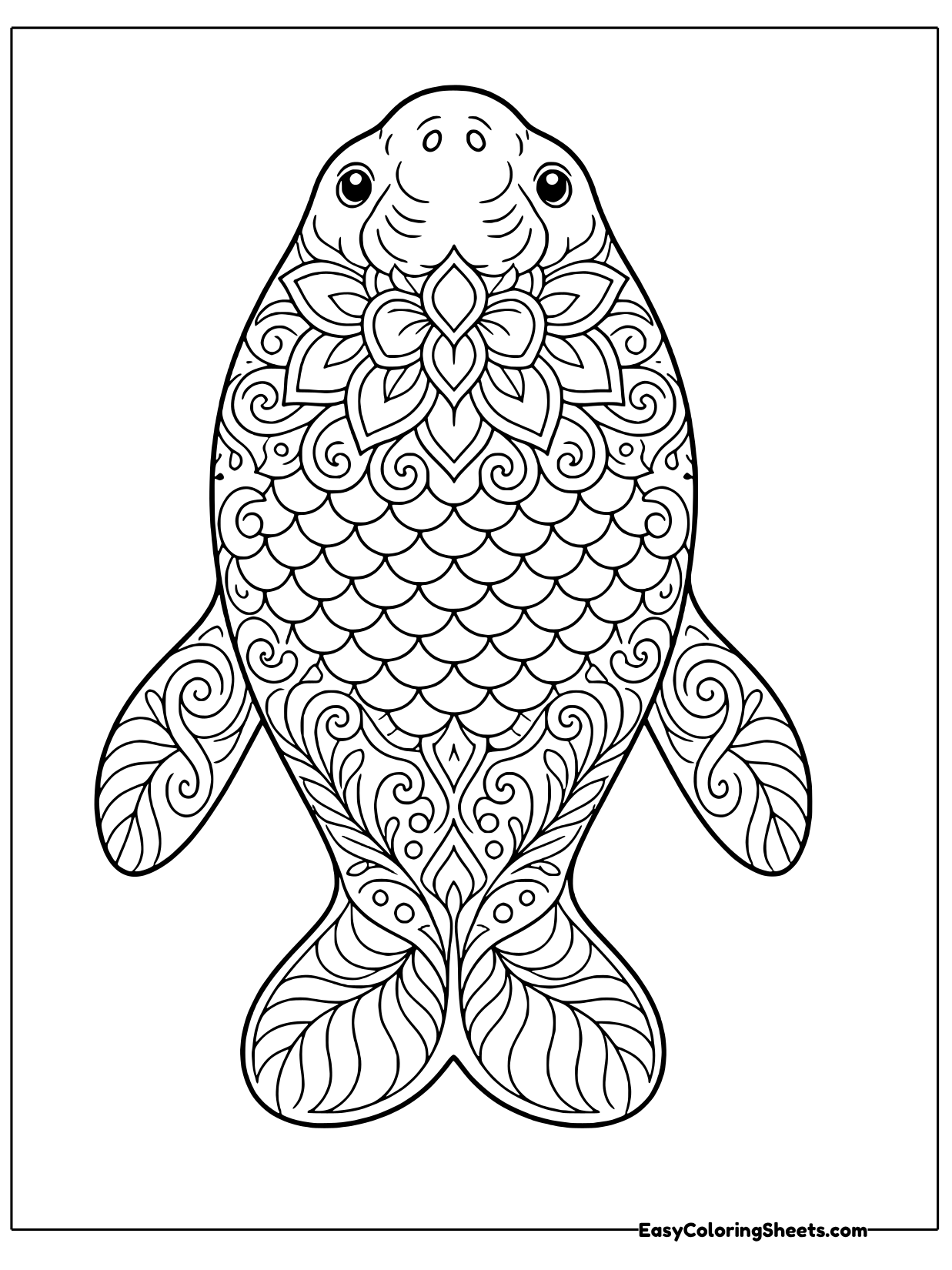 A manatee seen from above is filled with ornate mandala patterns, from scale-like rows on the tail to flowers and swirls on.