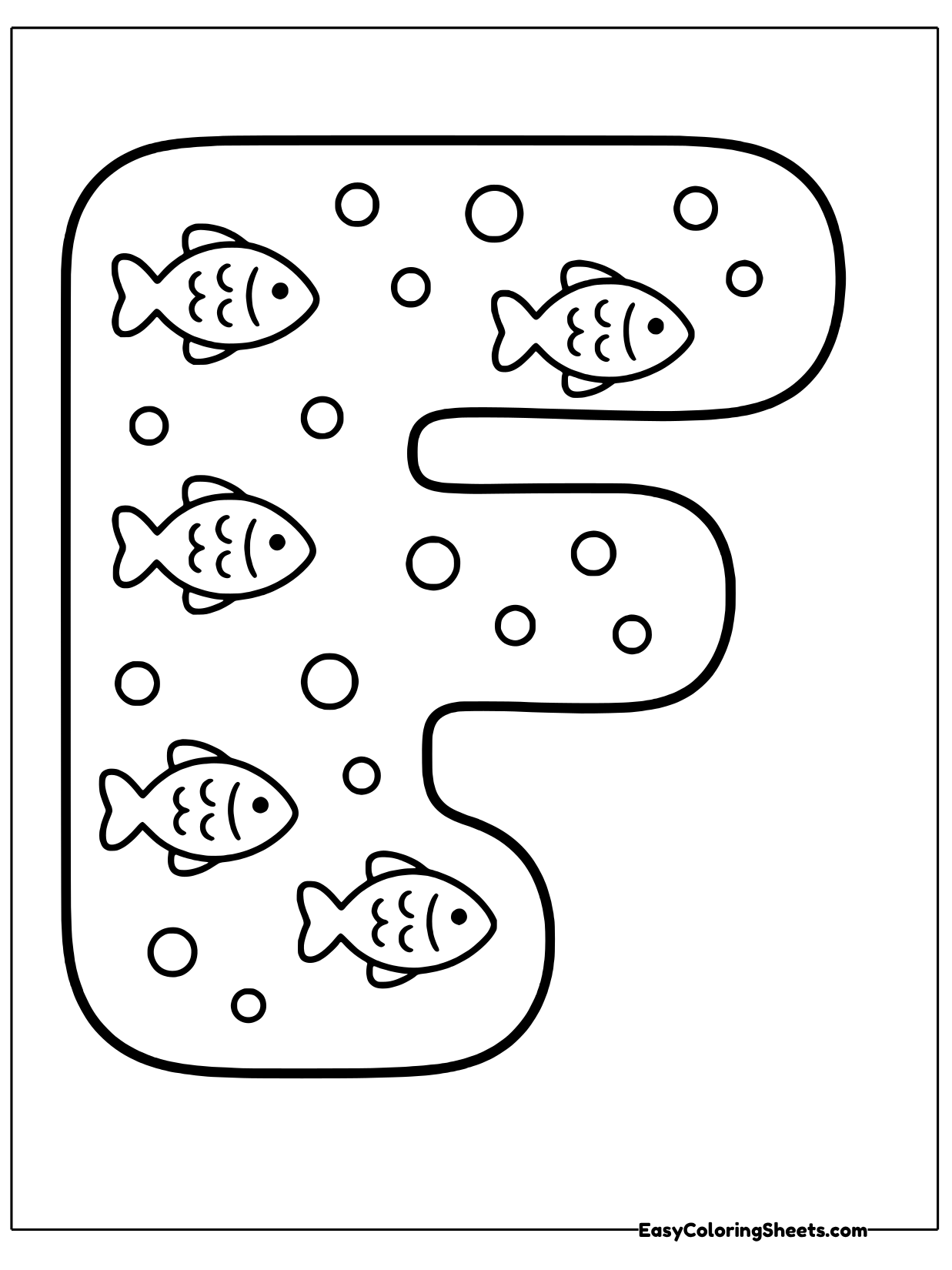 A big bubble letter F is decorated with small striped fish and bubbles.