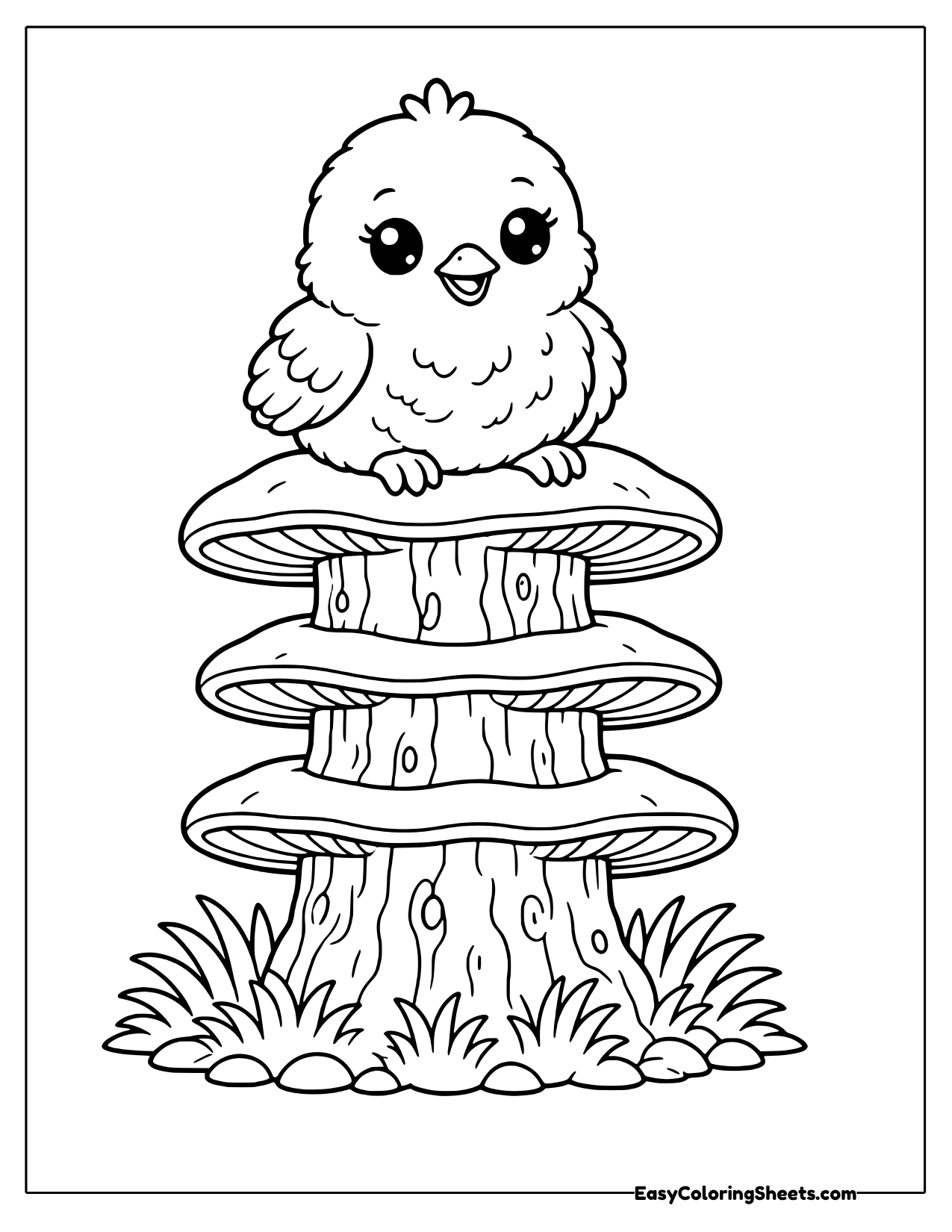 Chick sitting on a tower of mushrooms