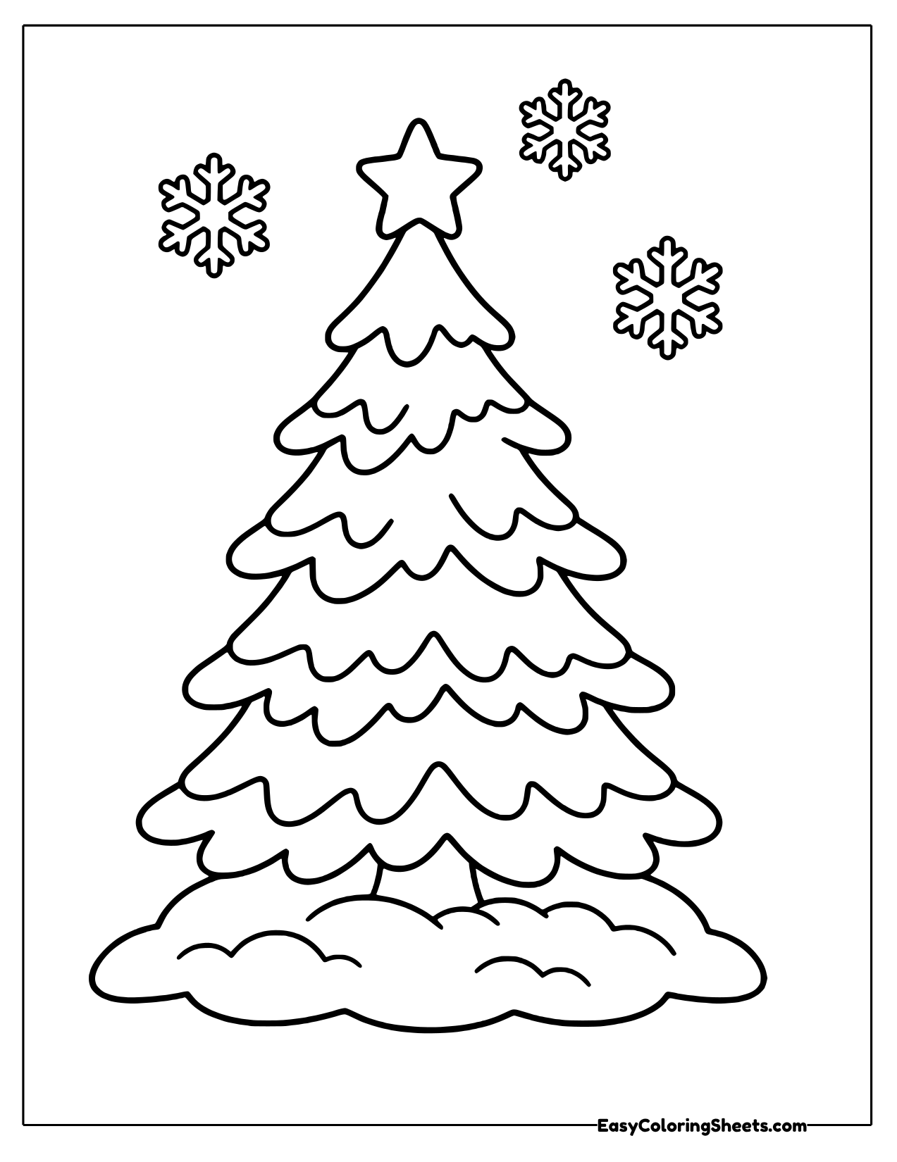 Tall snowy pine tree with stars and snowflakes