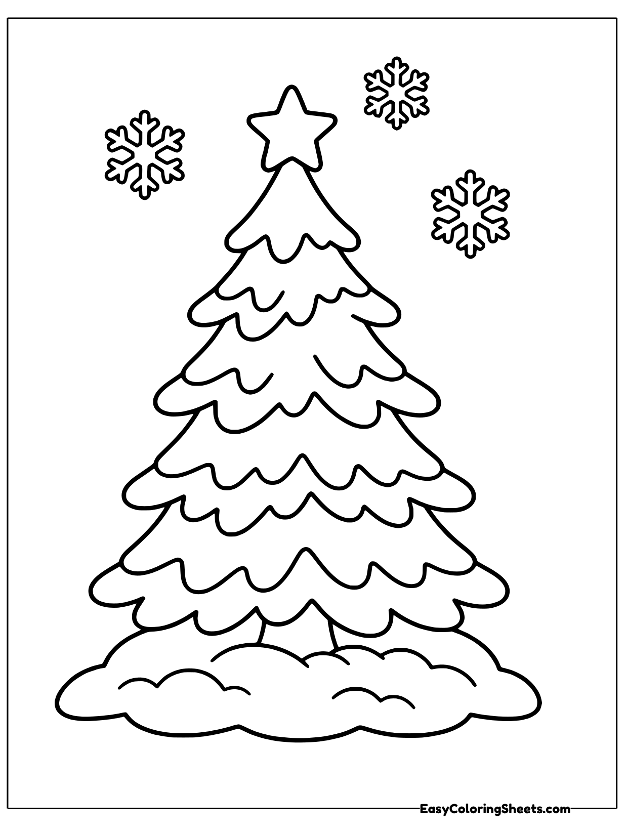 A tall pine tree with layered branches dusted with snow is topped with a star, while snowflakes float nearby.