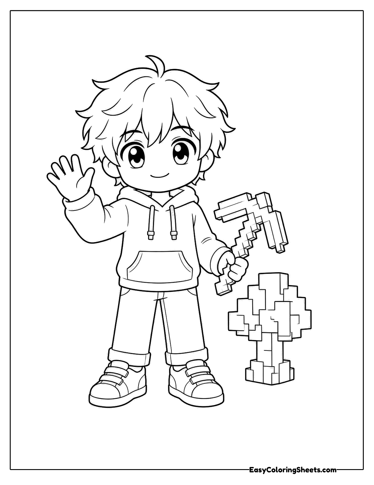 Boy in a hoodie holding a pixel pickaxe