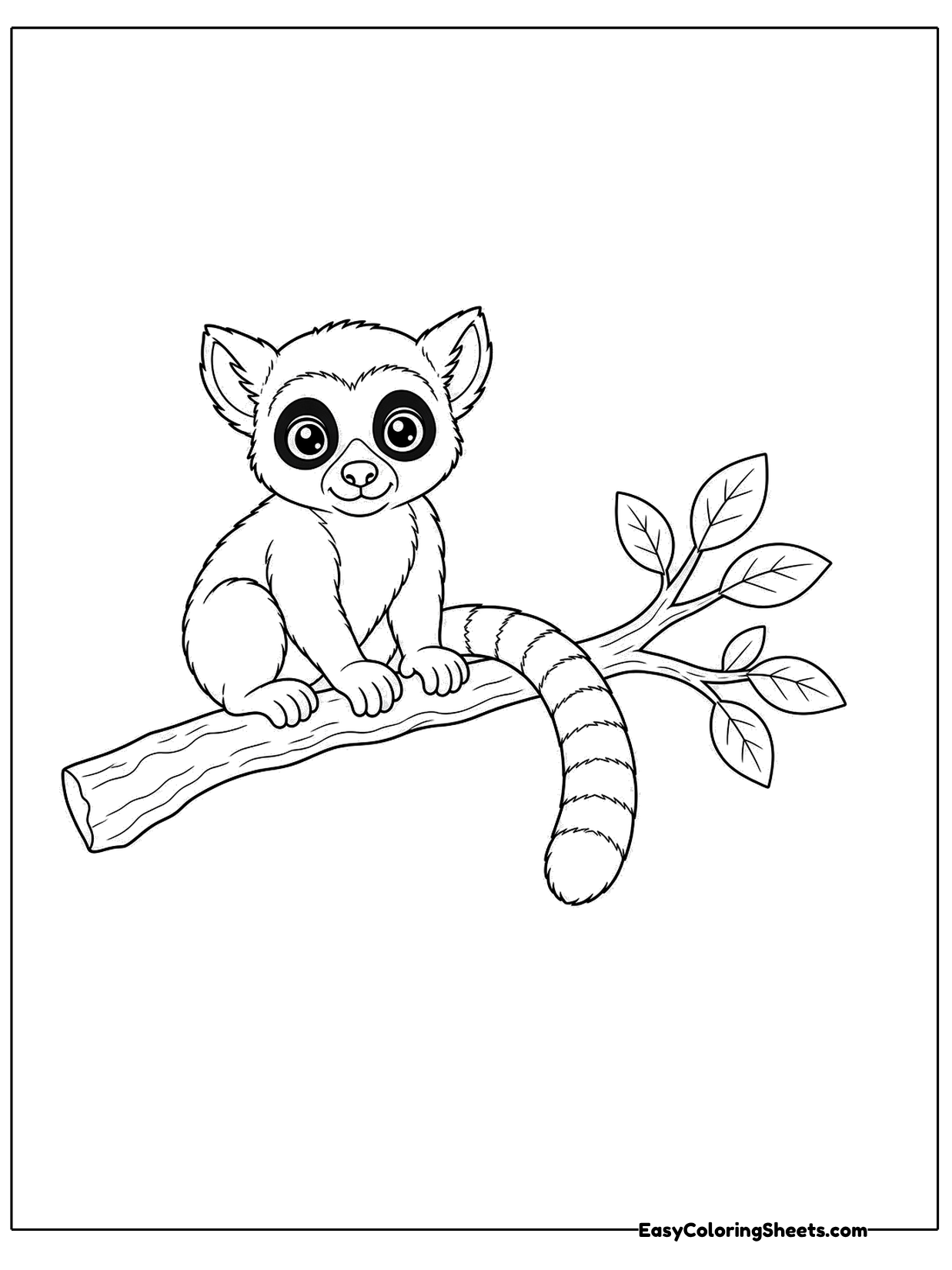A small lemur rests on a branch with leafy twigs sprouting around it and its striped tail hanging down.