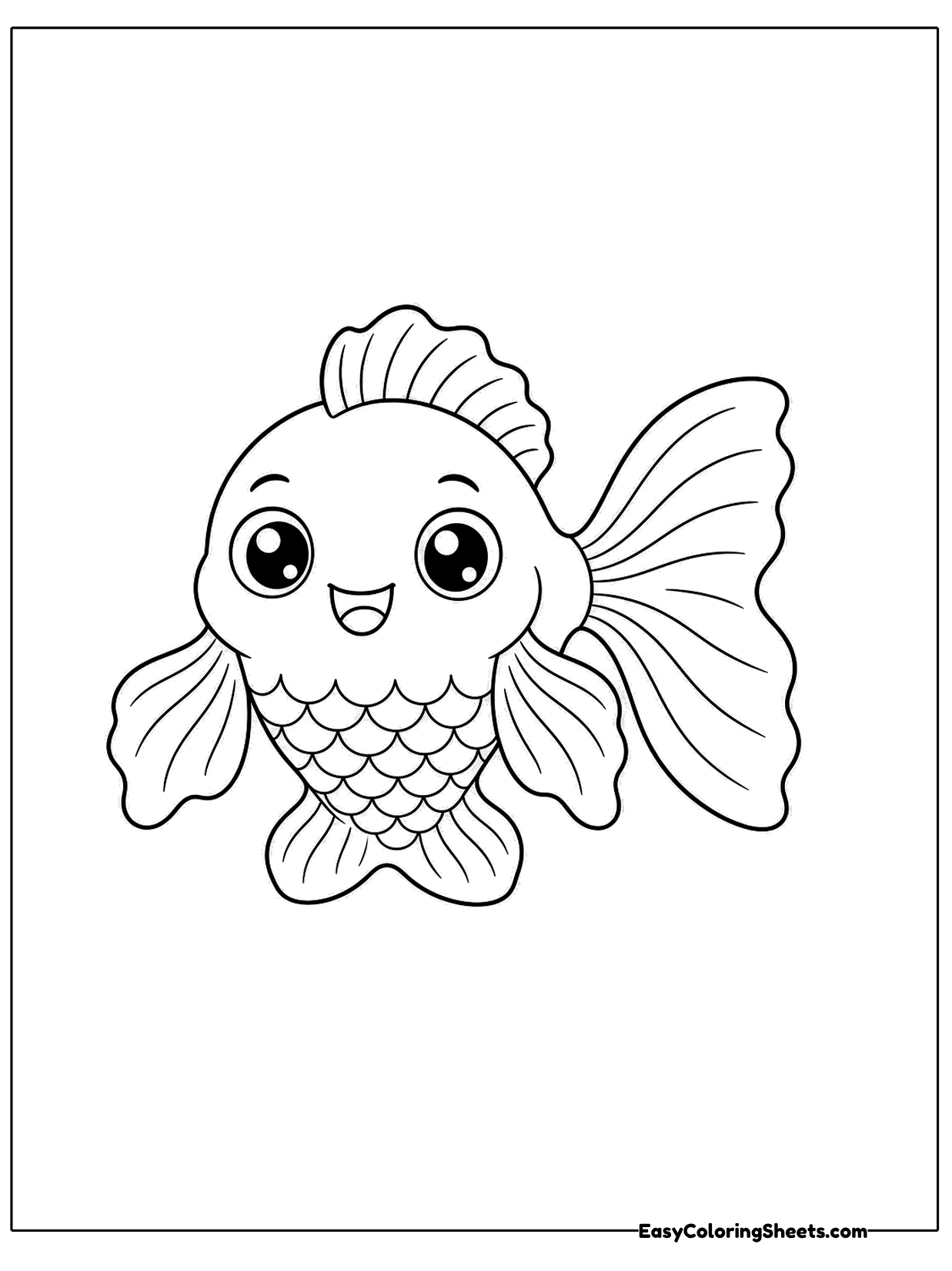 Facing the viewer head on, this goldfish spreads its fins and tail out on both sides like a fan.