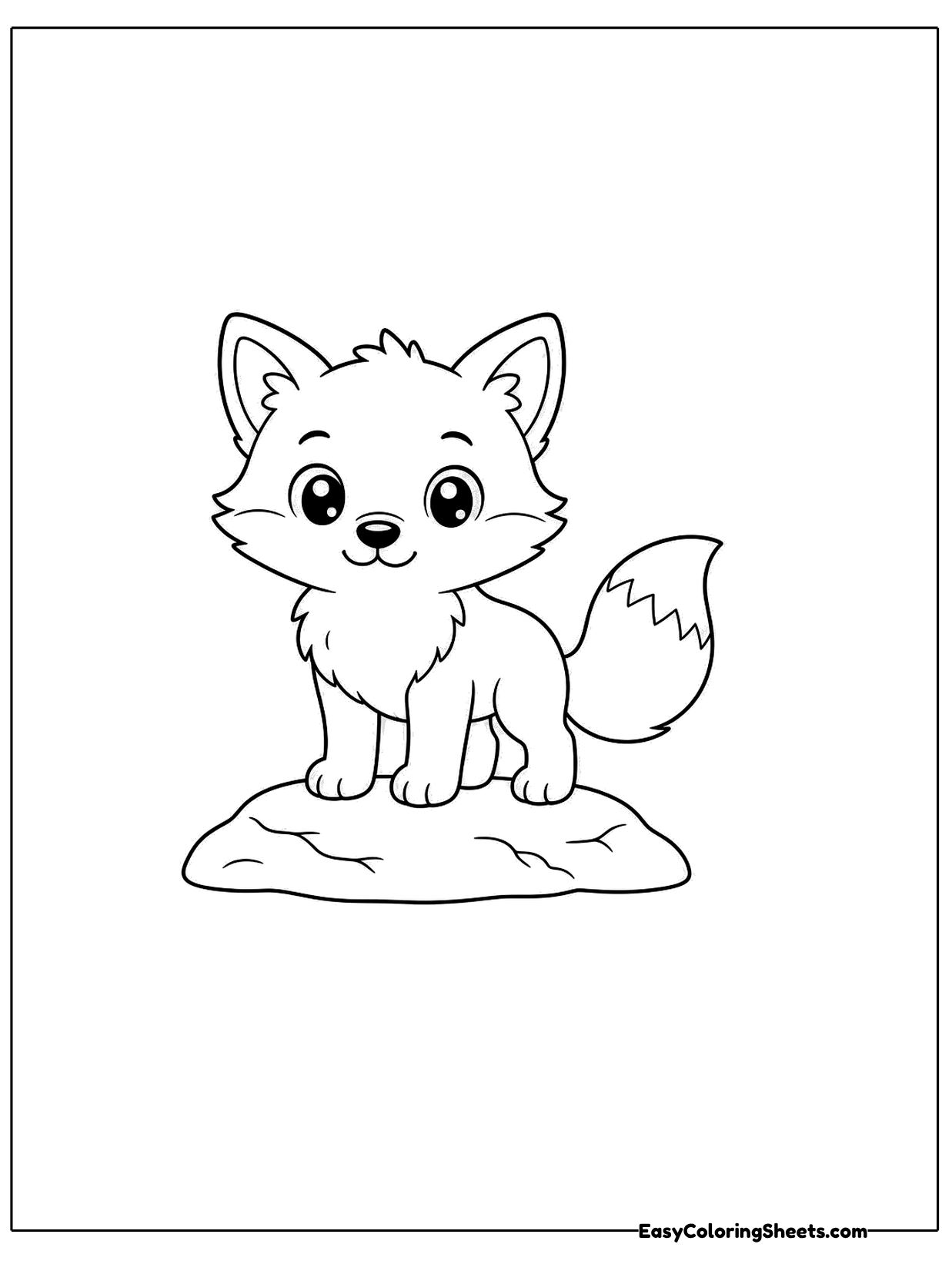 A small fox stands proudly on top of a flat rock, its tail lifted and its eyes bright.