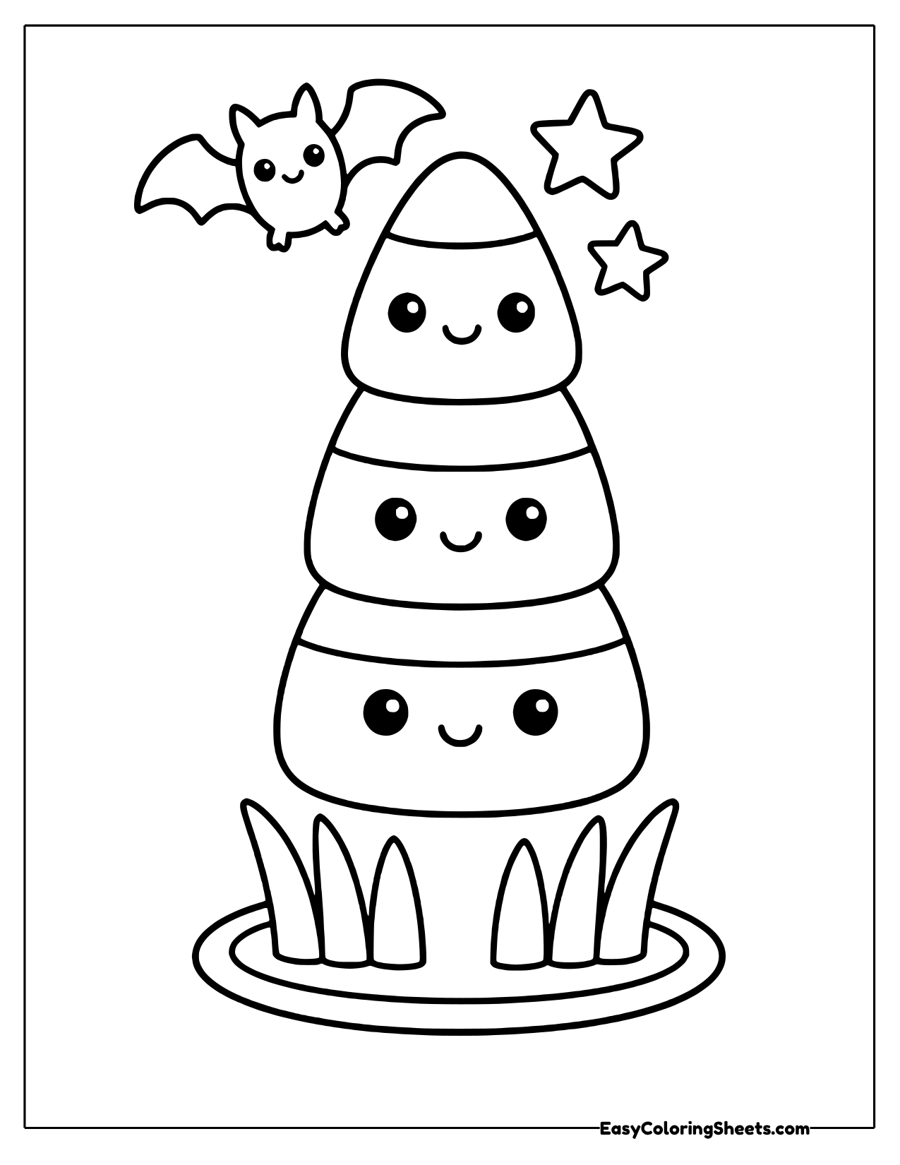 Three stacked tiers form a tall candy corn tower sitting in a grassy patch, with a little bat flying beside it and stars.