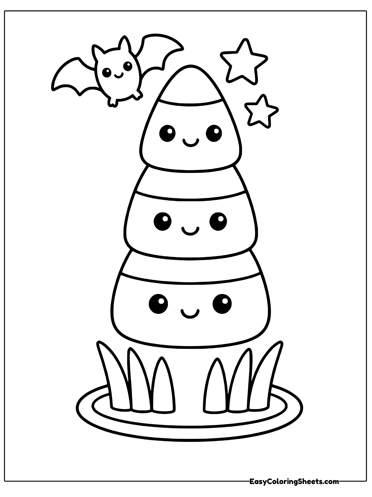 Three stacked tiers form a tall candy corn tower sitting in a grassy patch, with a little bat flying beside it and stars.