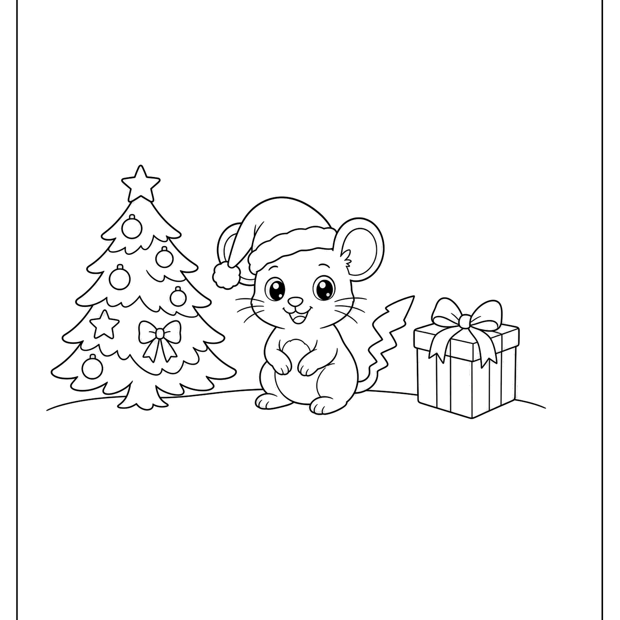 Cartoon creatures in Santa hats by a tree