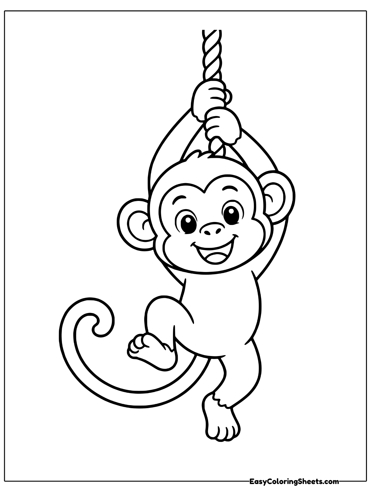 A monkey holds a knotted rope with one hand and swings with its feet and tail out.