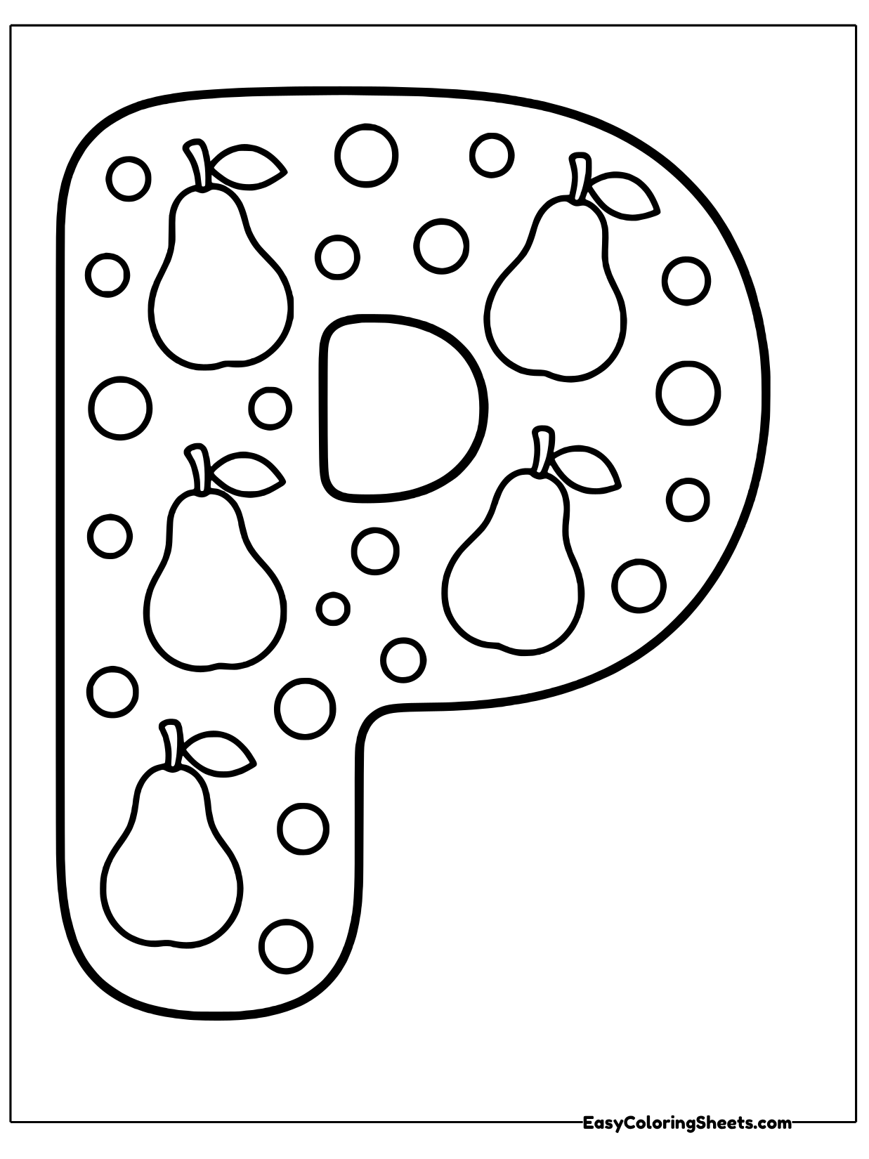 A big bubble letter P is filled with pears and round dots.