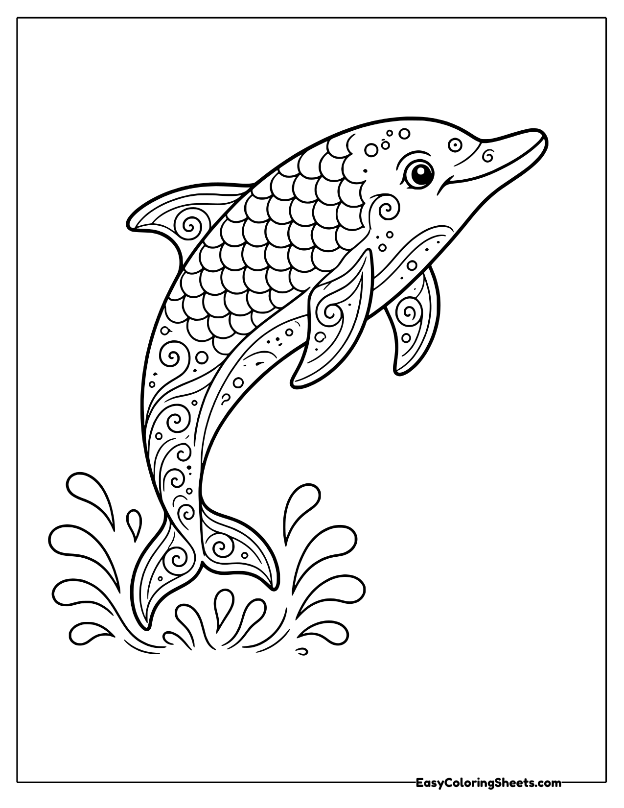 A dolphin covered in decorative swirl and scale patterns leaps out of a splash of water.