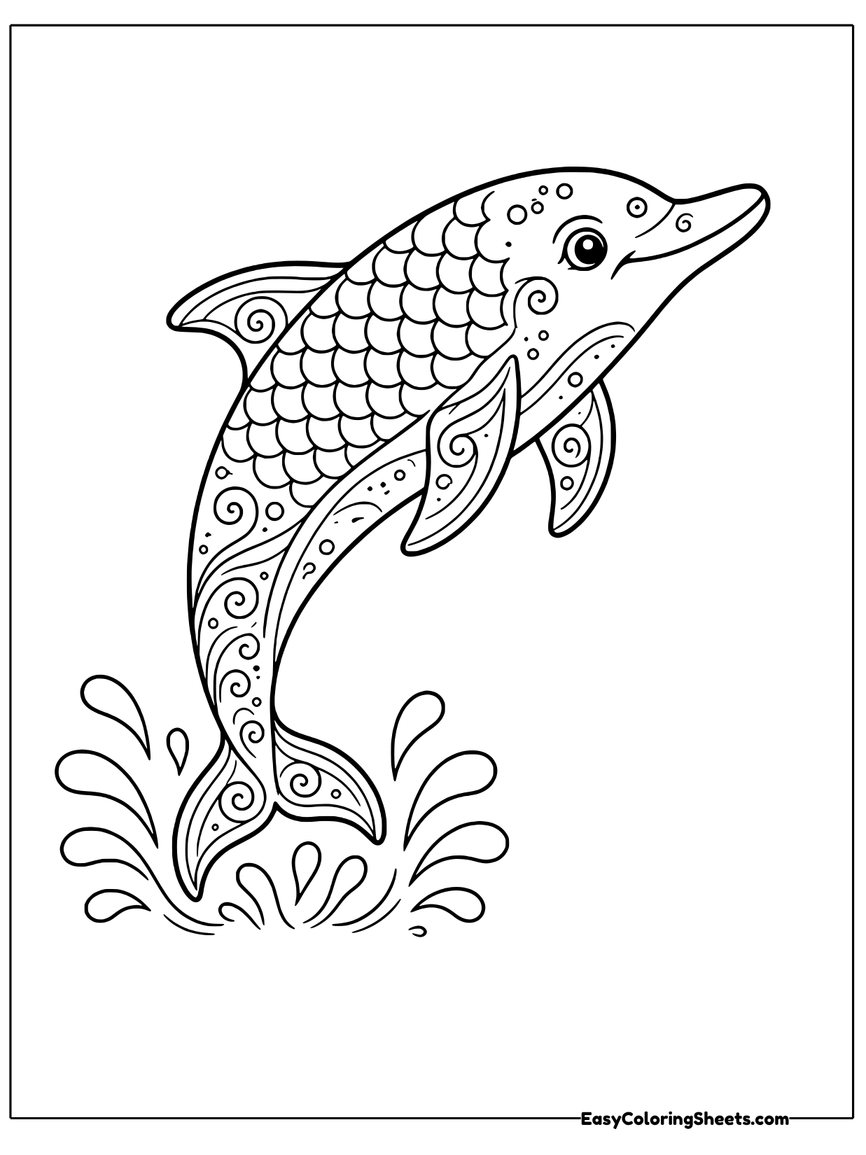 A dolphin covered in decorative swirl and scale patterns leaps out of a splash of water.