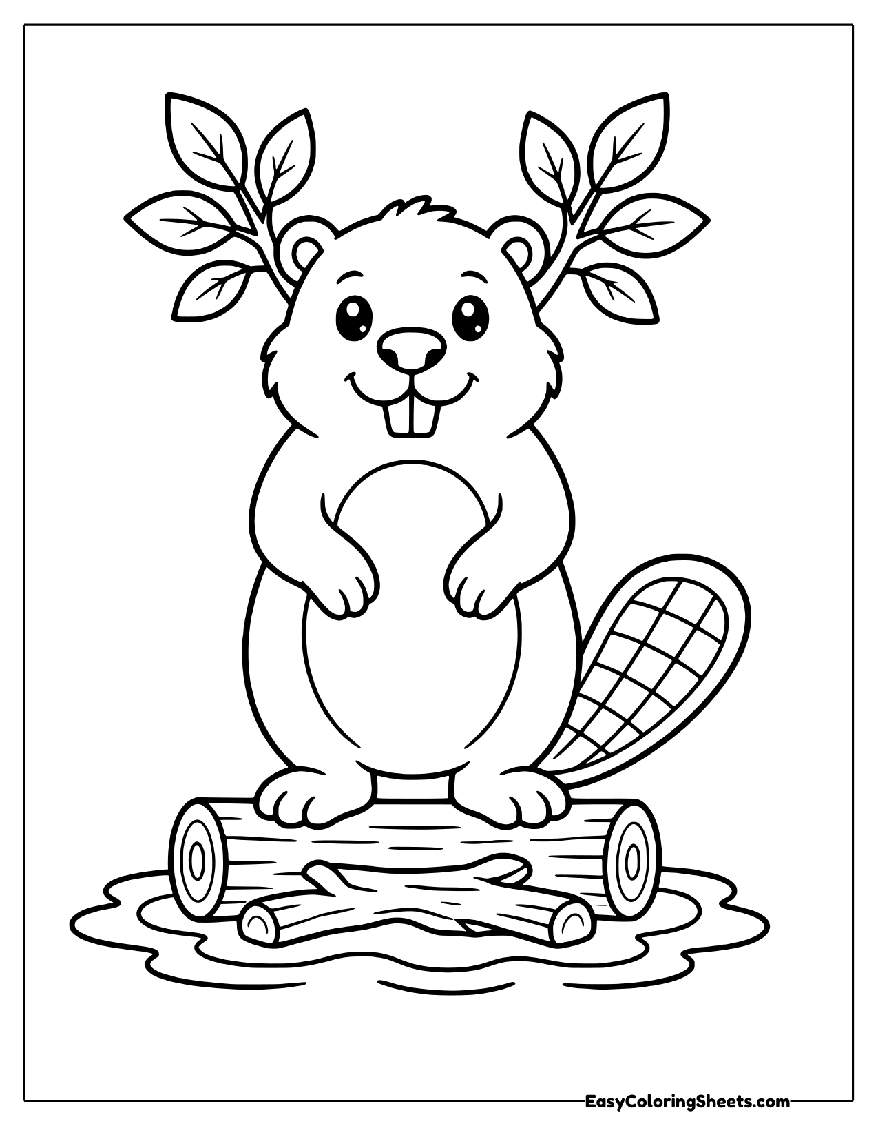 Beaver standing upright on a log with leaves