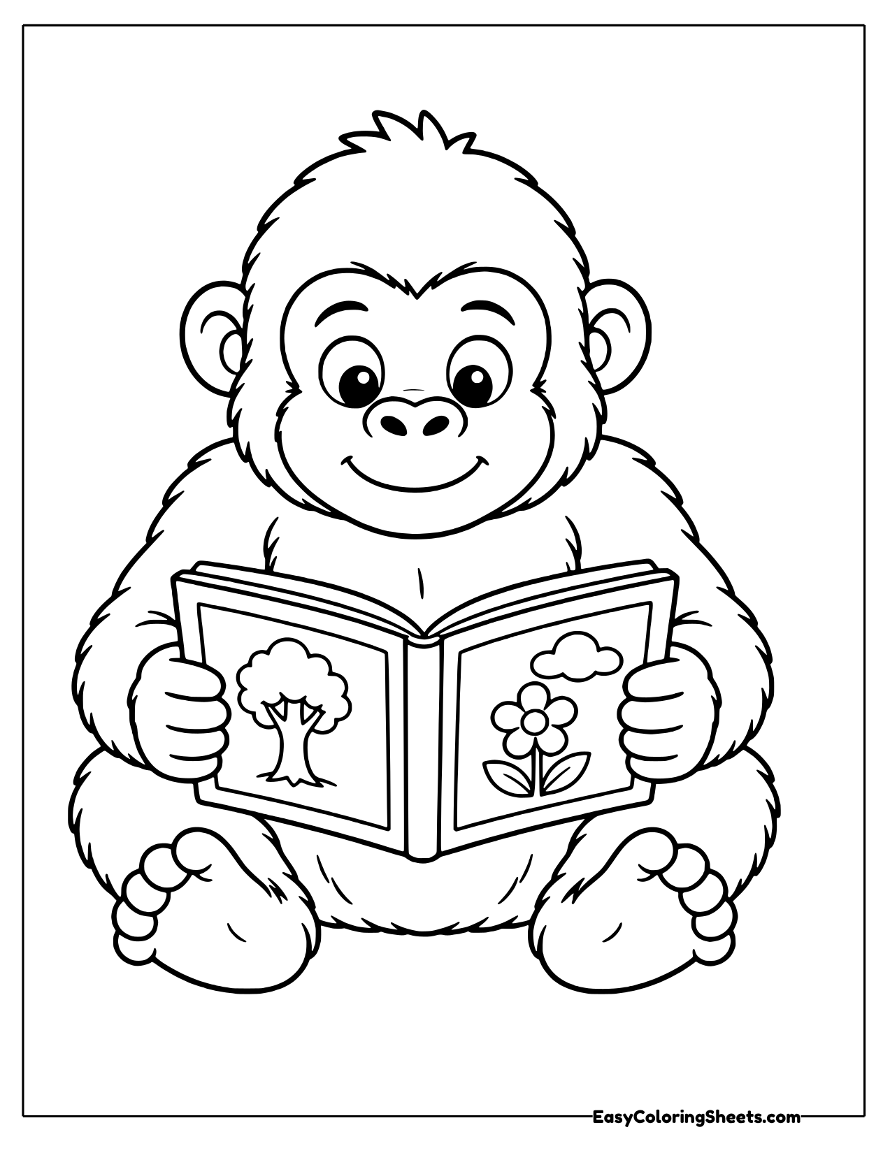 Gorilla sitting and reading an open picture book