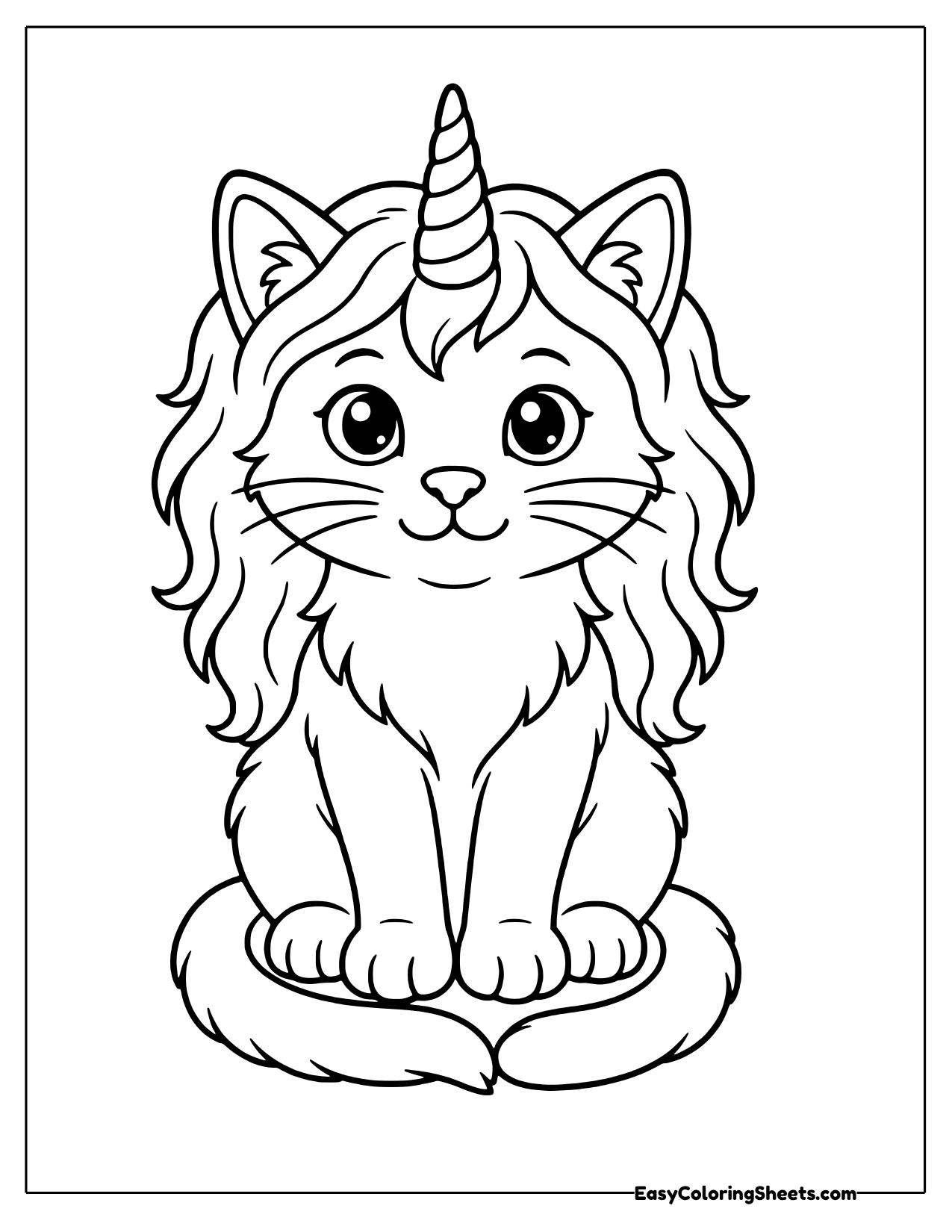 Unicorn cat sitting upright with a long wavy mane and spiral horn