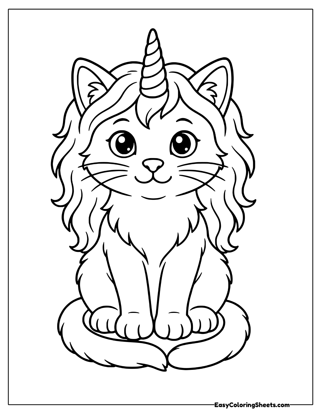 Unicorn cat sitting upright with a long wavy mane and spiral horn