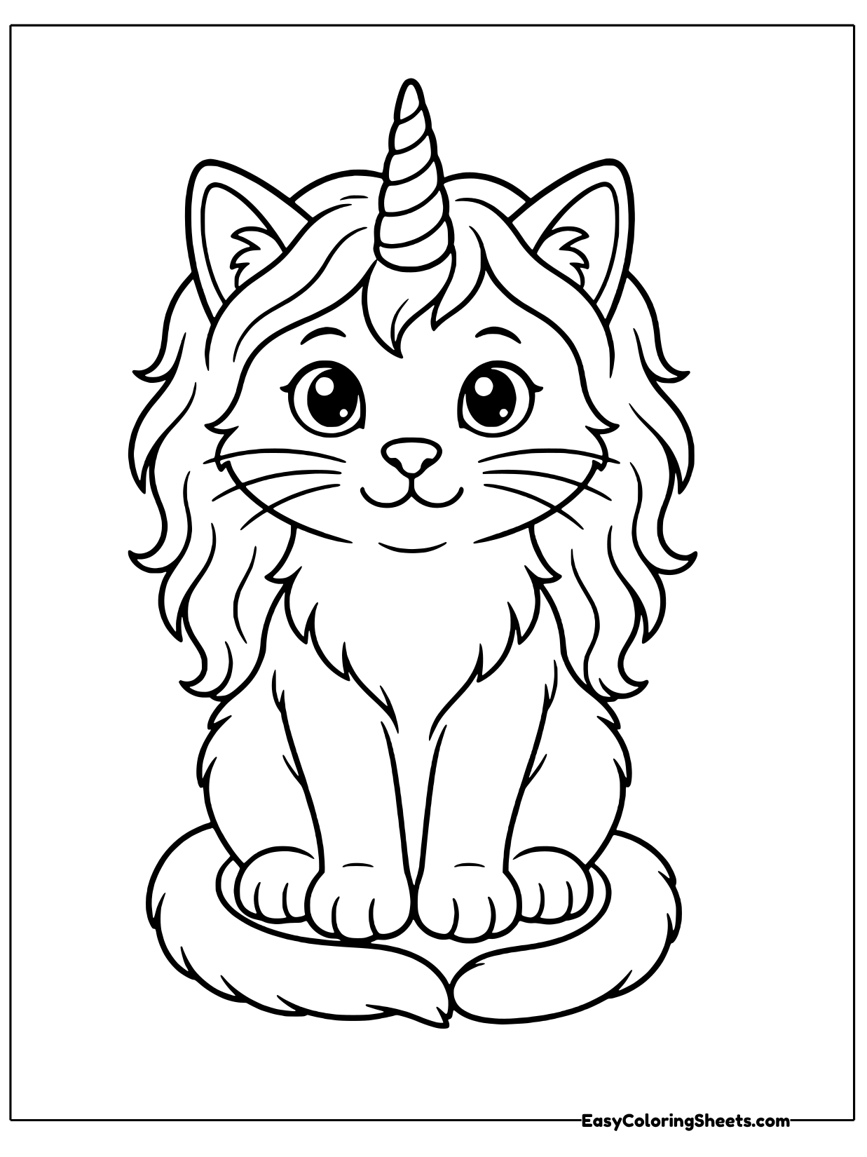 A graceful unicorn cat sits upright with a long wavy mane flowing down both sides of its face and a spiral horn on top.