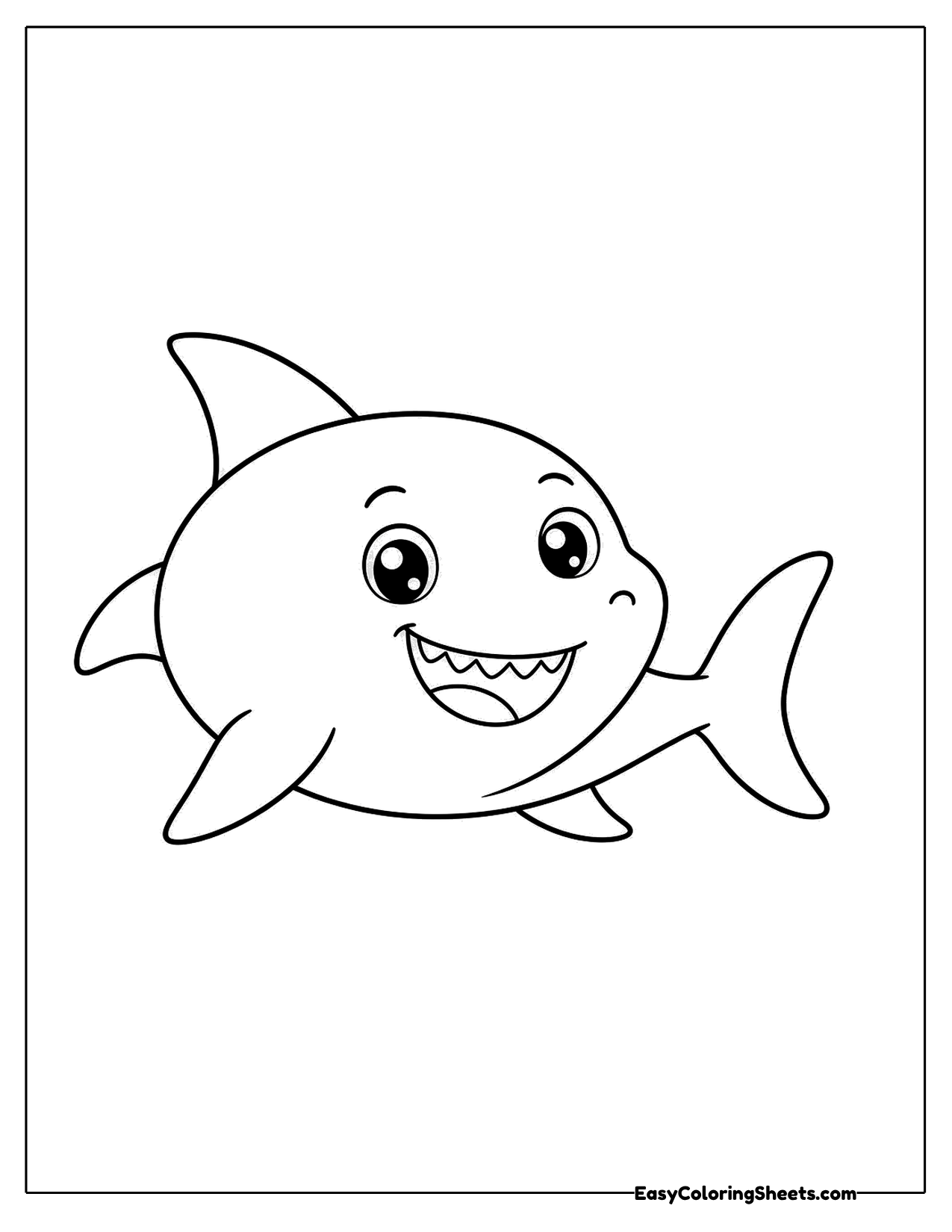 Round chubby shark swimming with a toothy smile
