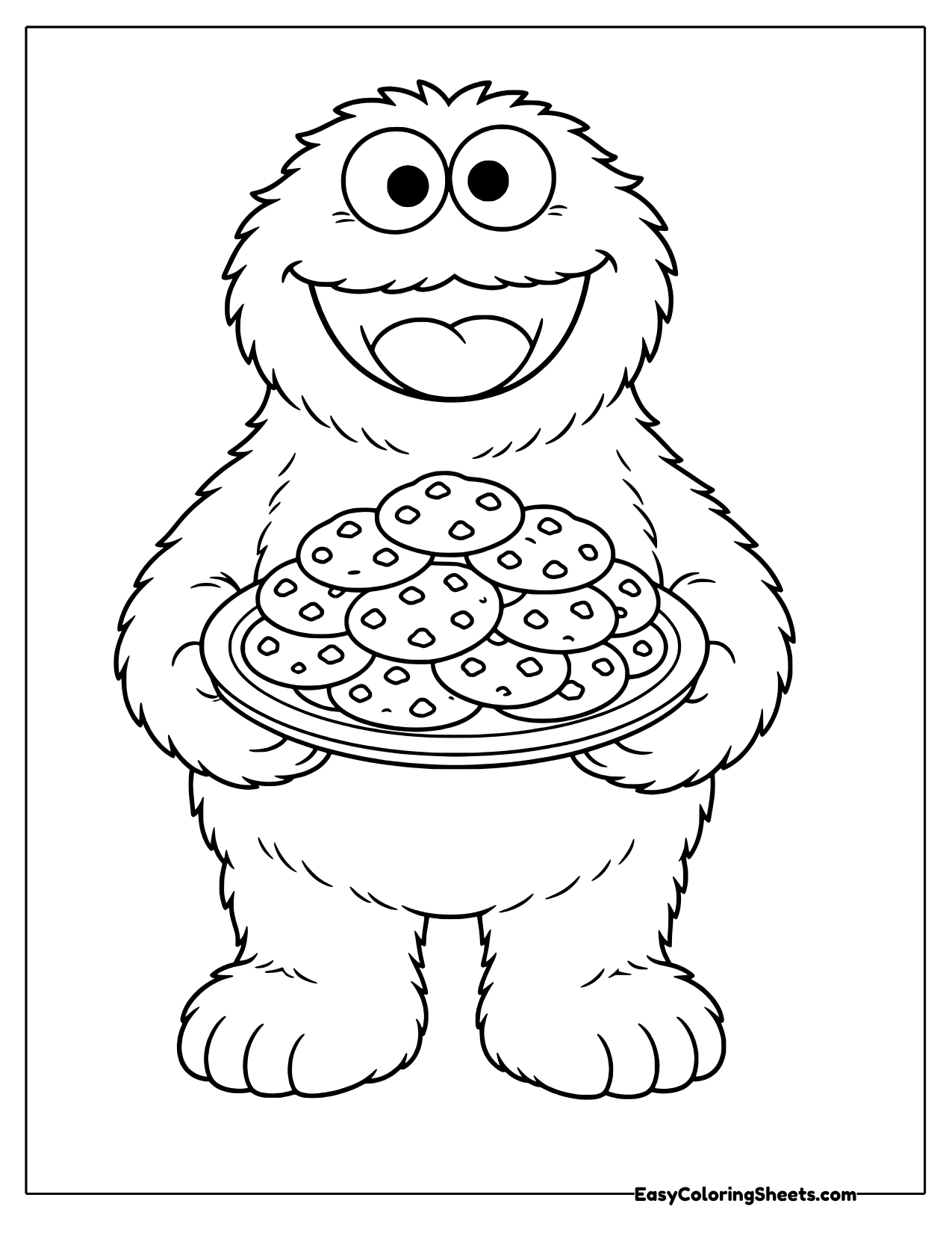 Cookie Monster standing and holding a plate piled with chocolate chip cookies