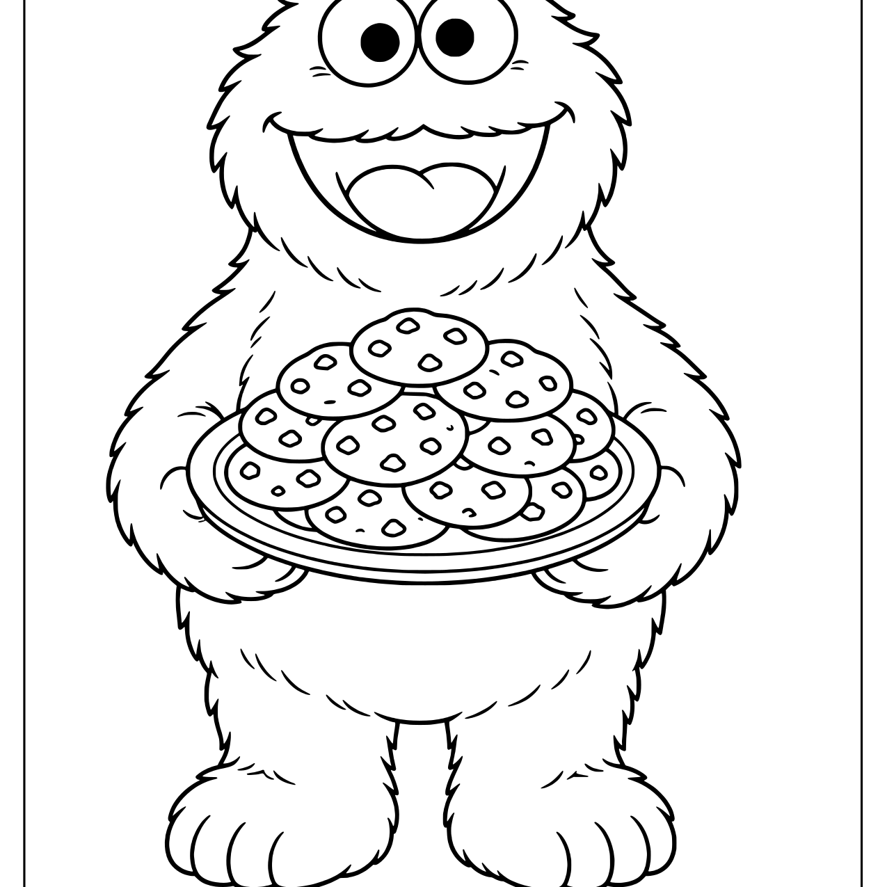 Cookie Monster standing and holding a plate piled with chocolate chip cookies