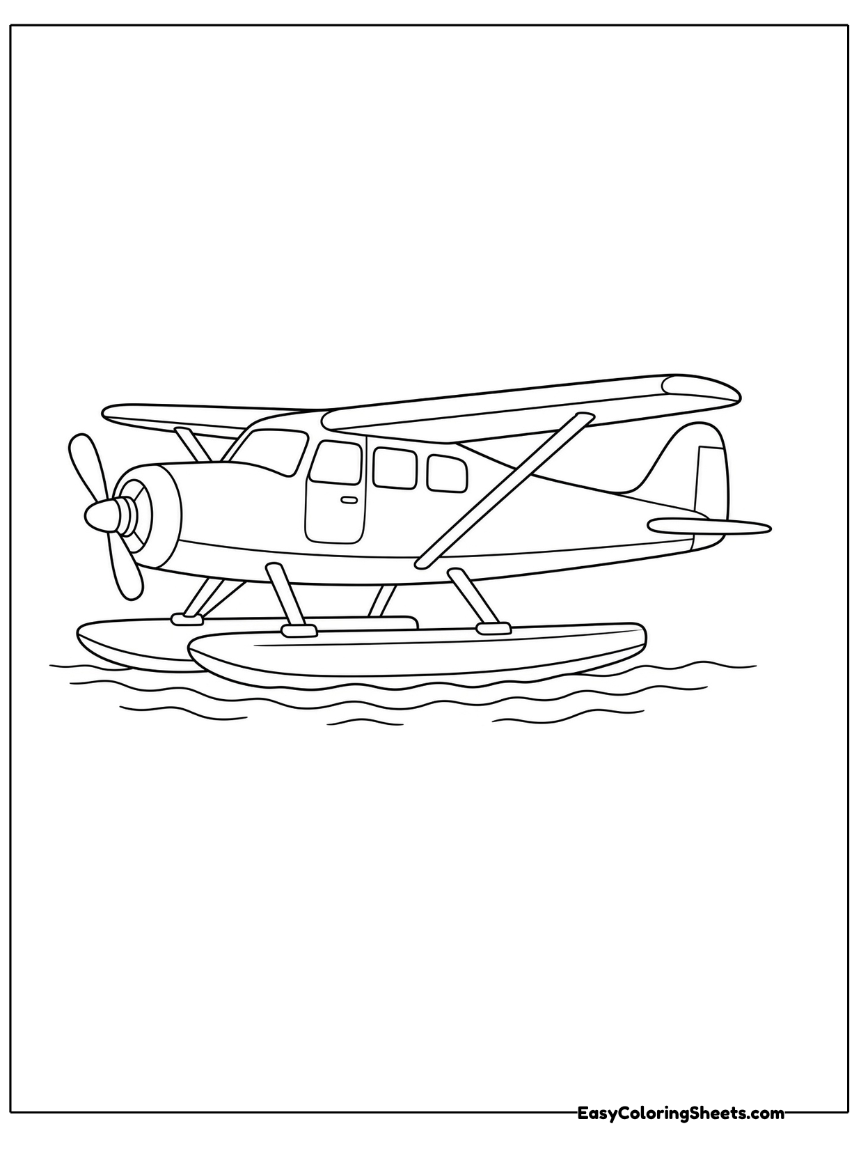 A seaplane with two long floats instead of wheels rests on gentle waves.