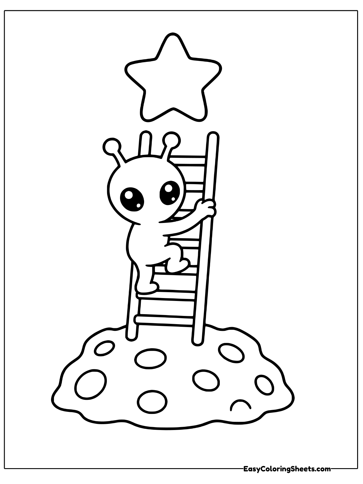 A little alien climbs a ladder that leans up from a cratered rock toward a big star at the top of the page.