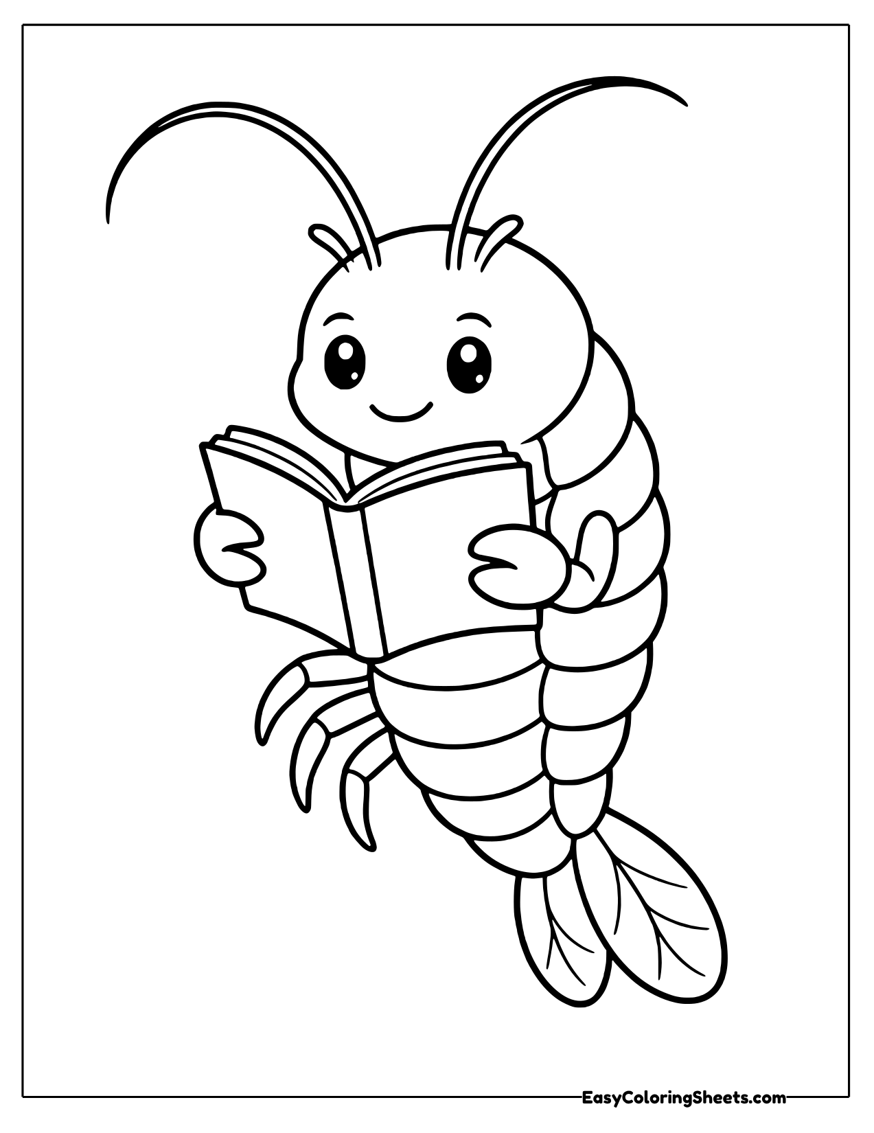 Curious cartoon shrimp with long antennae reading an open book