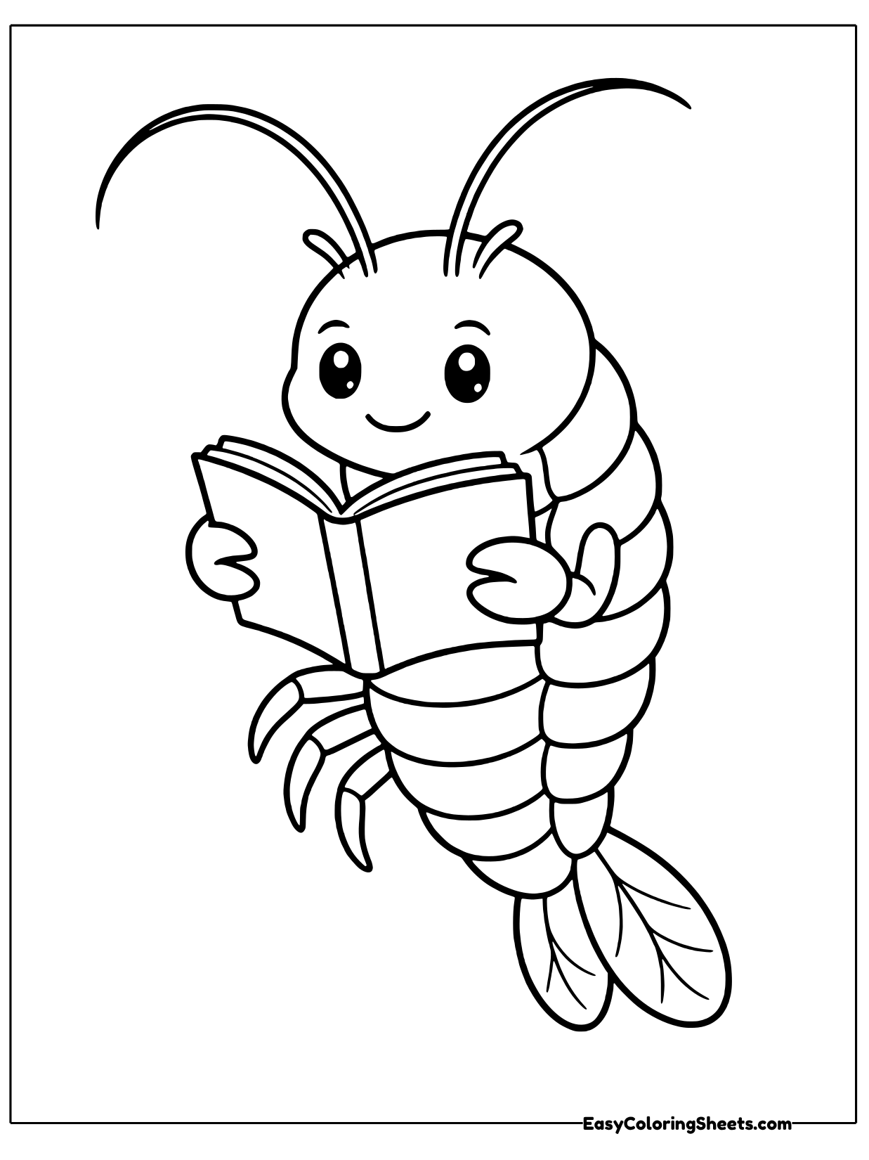 A curious cartoon shrimp with long antennae and a curled fan tail holds an open book and reads with a smile.