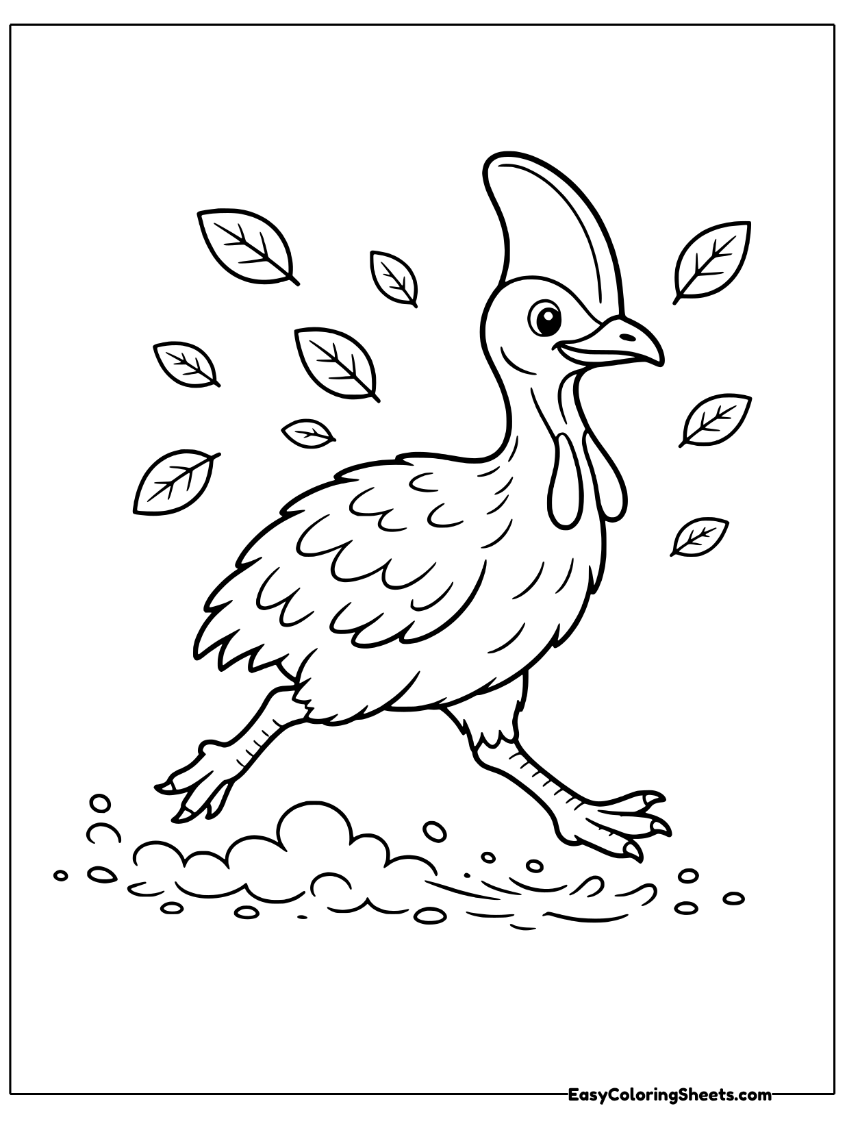 A cassowary runs across the page with its legs mid stride and leaves tumbling in the air around it.