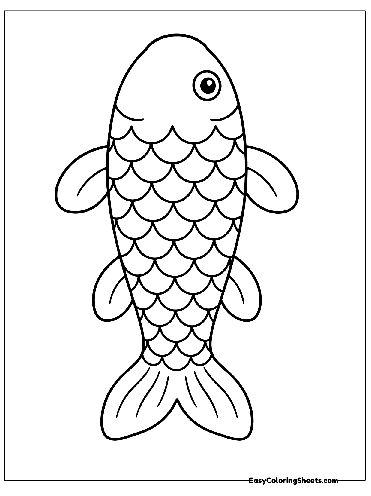 A simple koi with large scallop scales, a round eye and a split tail fills the page with bold outlines.