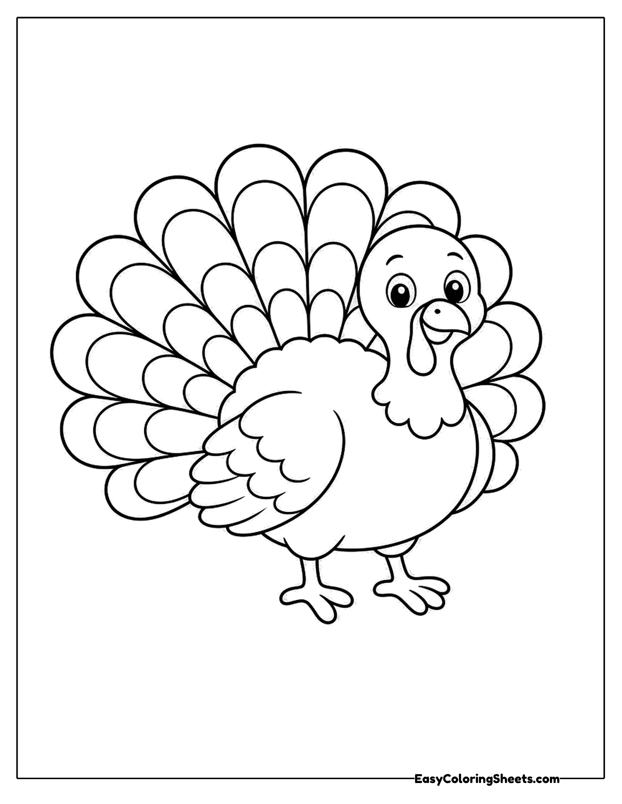 Cartoon turkey with a big round fan of tail feathers