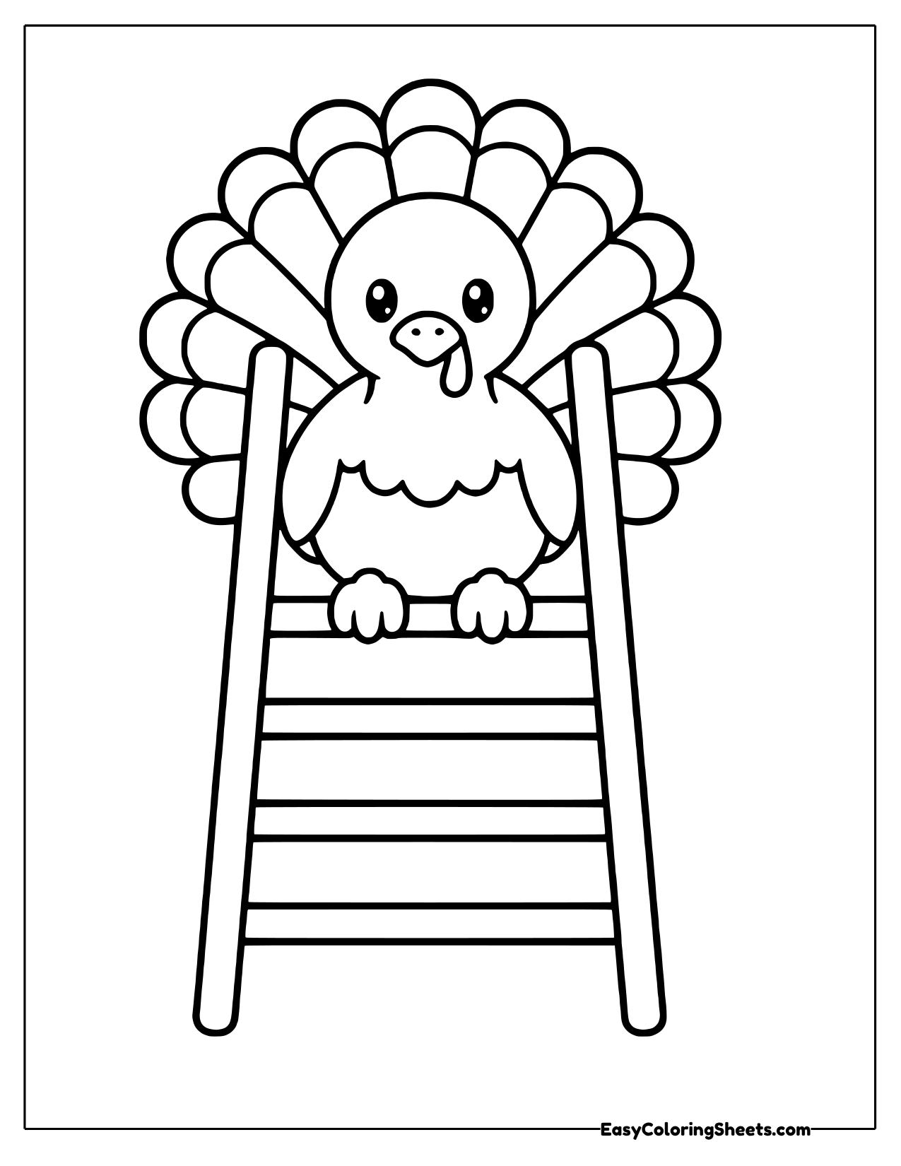 Turkey perched on a wooden ladder