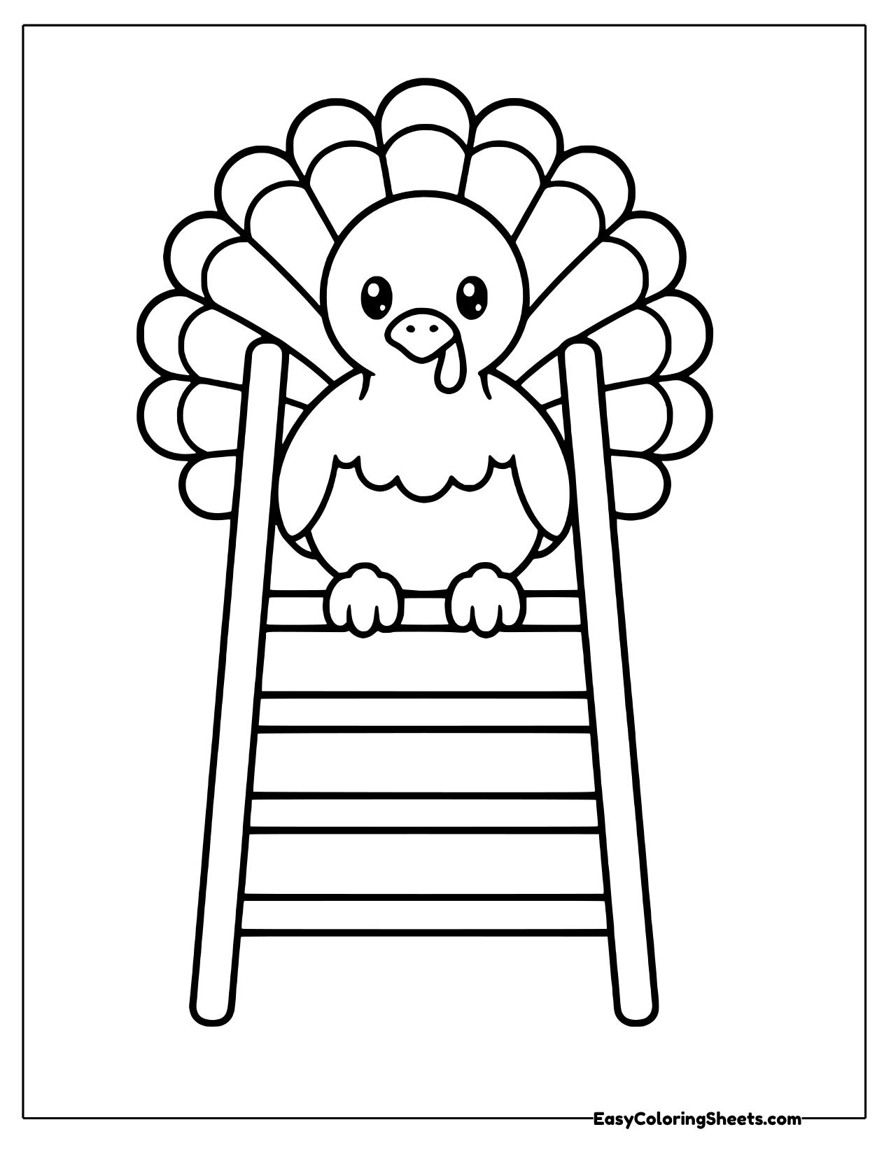 Turkey perched on a wooden ladder