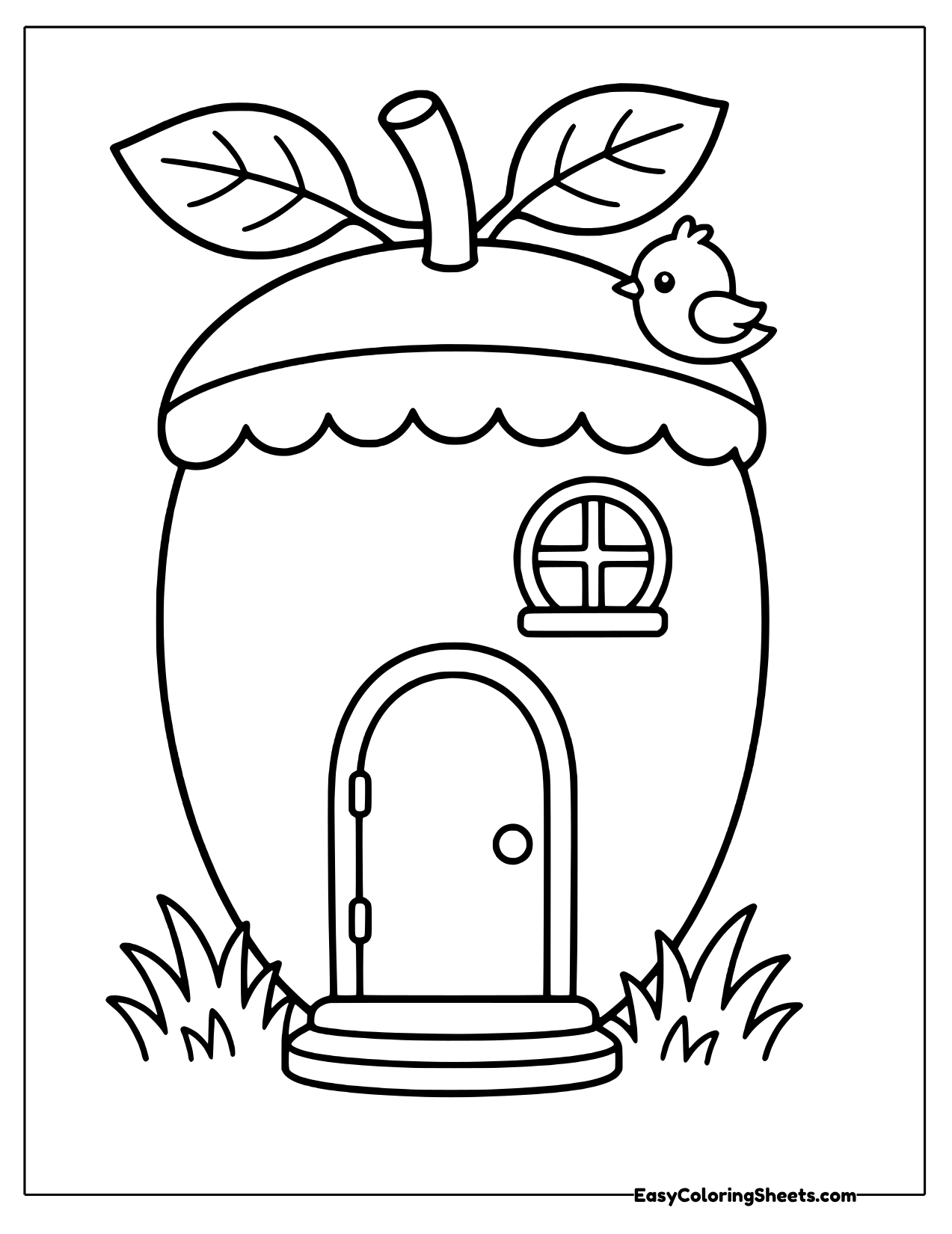 Large acorn turned into a house with a door and window