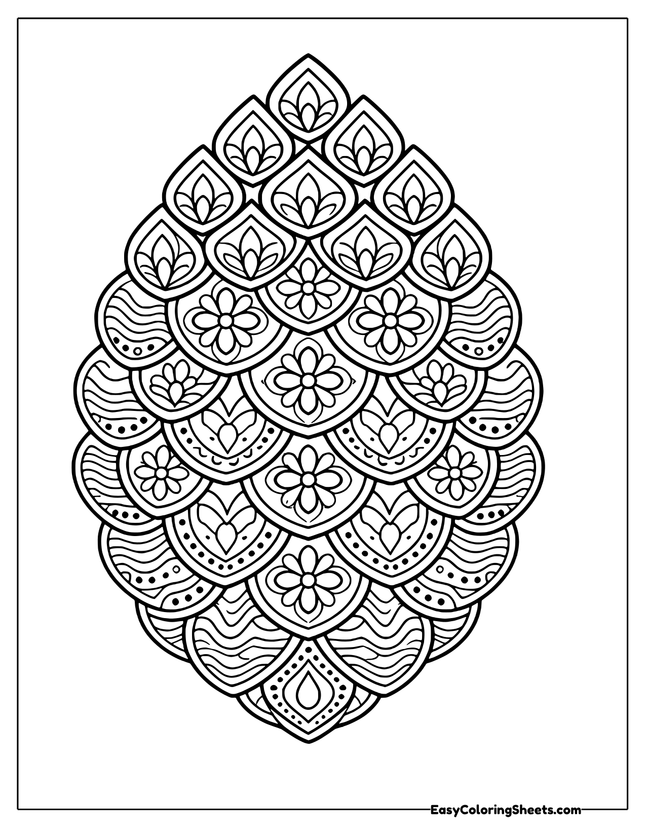 A pinecone shape is filled with flowers, swirls and detailed patterns on each scale.