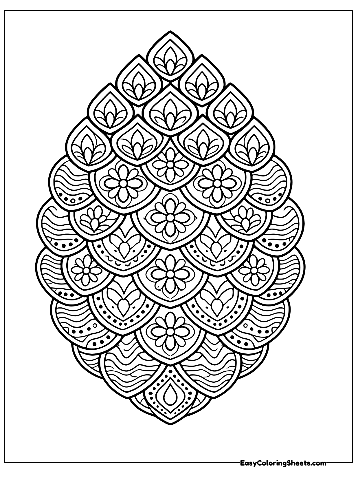 A pinecone shape is filled with flowers, swirls and detailed patterns on each scale.