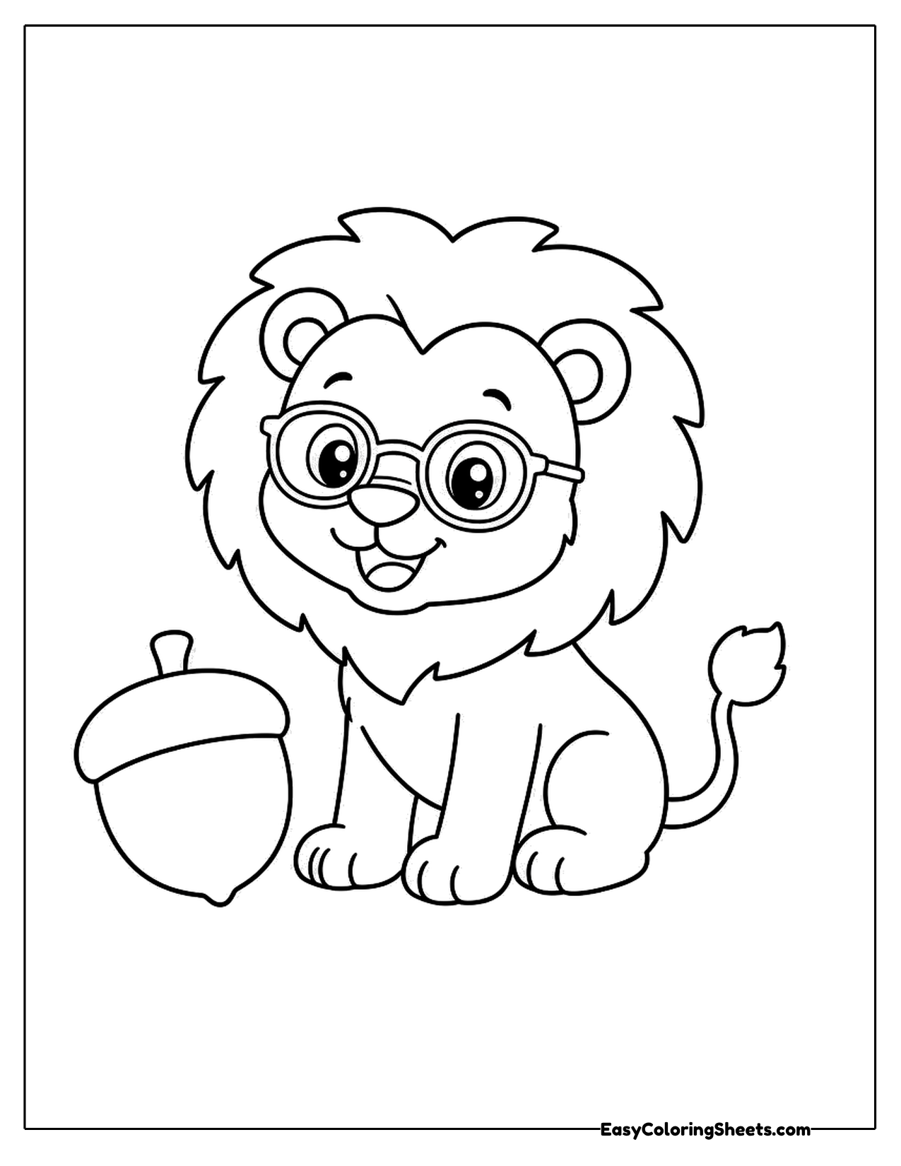 Lion wearing glasses next to a big acorn