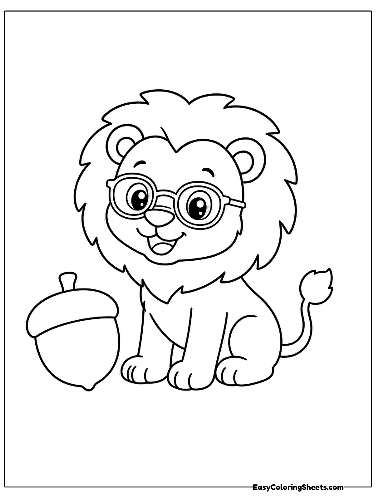 A cartoon lion with round glasses and a fluffy mane sits beside a large acorn.