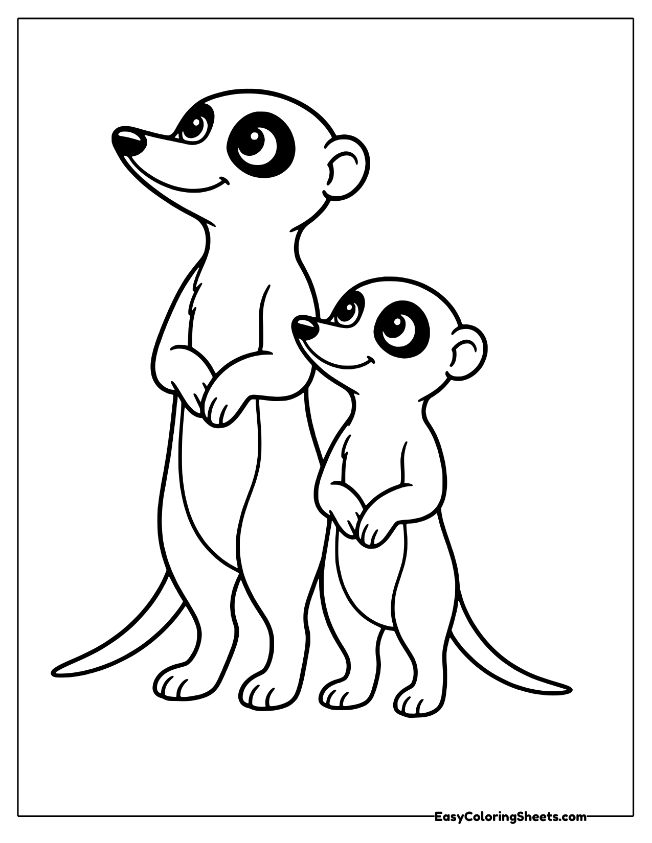 Meerkat parent and pup standing together