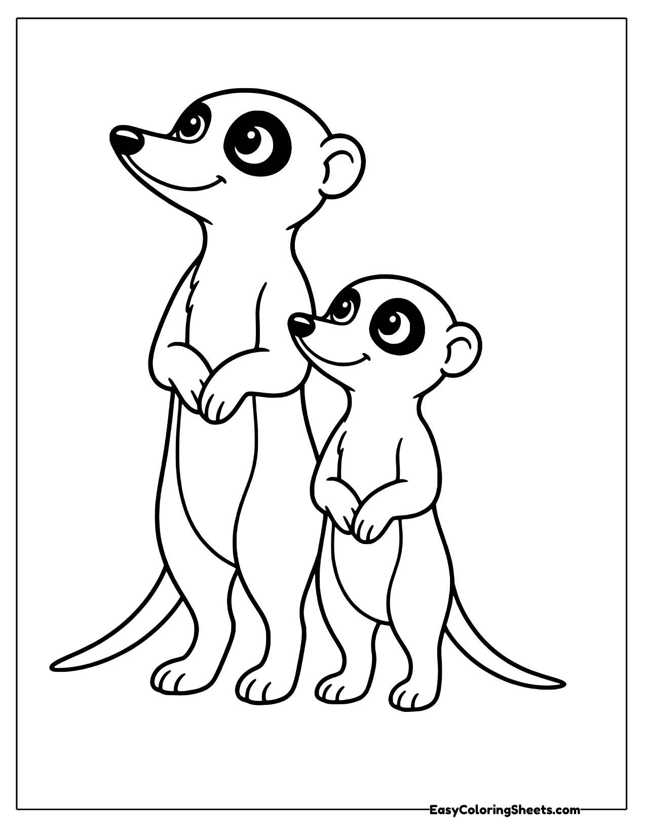 Meerkat parent and pup standing together
