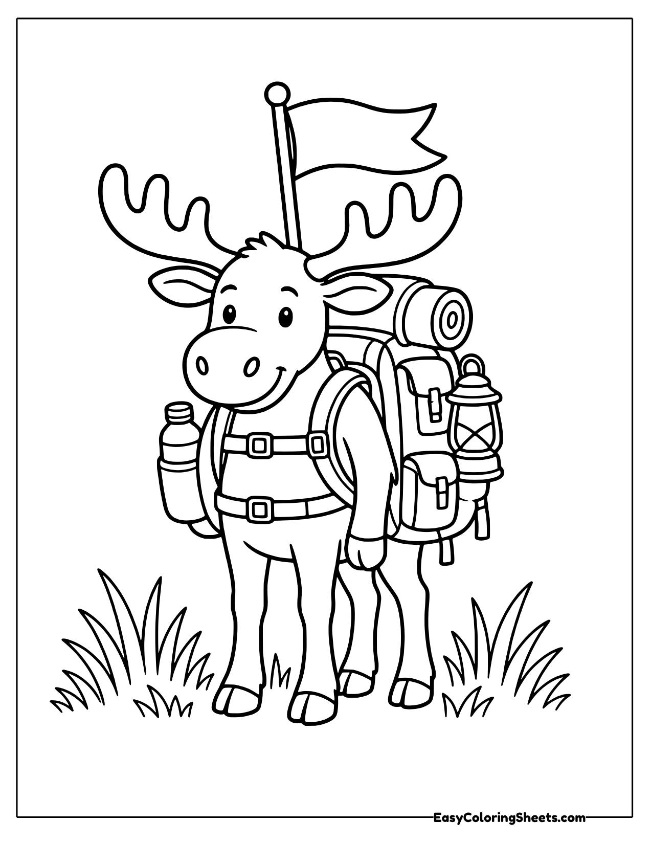 Moose hiker with a backpack and flag