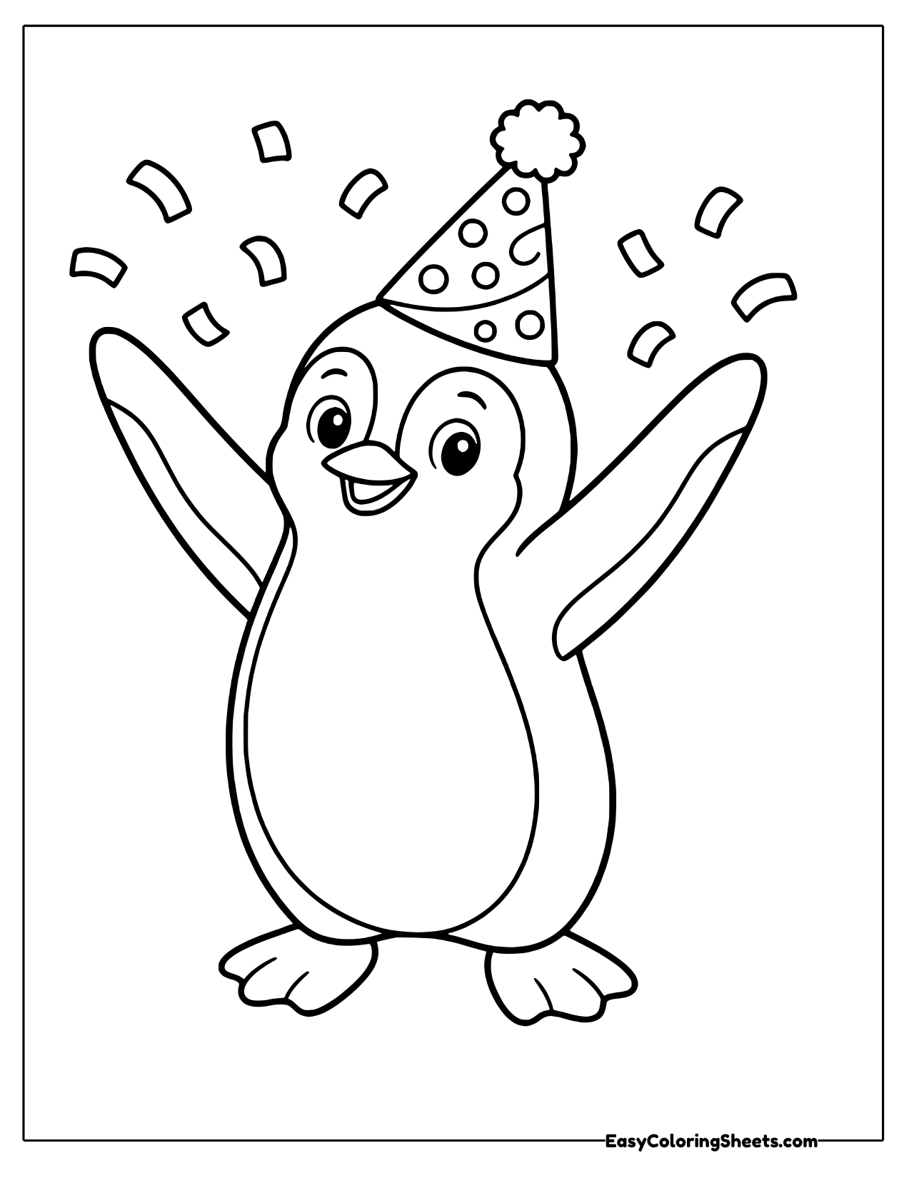 Jolly penguin in a party hat tossing confetti with raised flippers