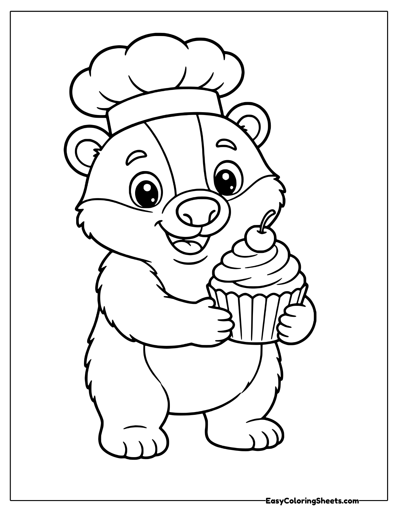 Badger chef in a puffy chef hat holding a frosted cupcake with a cherry