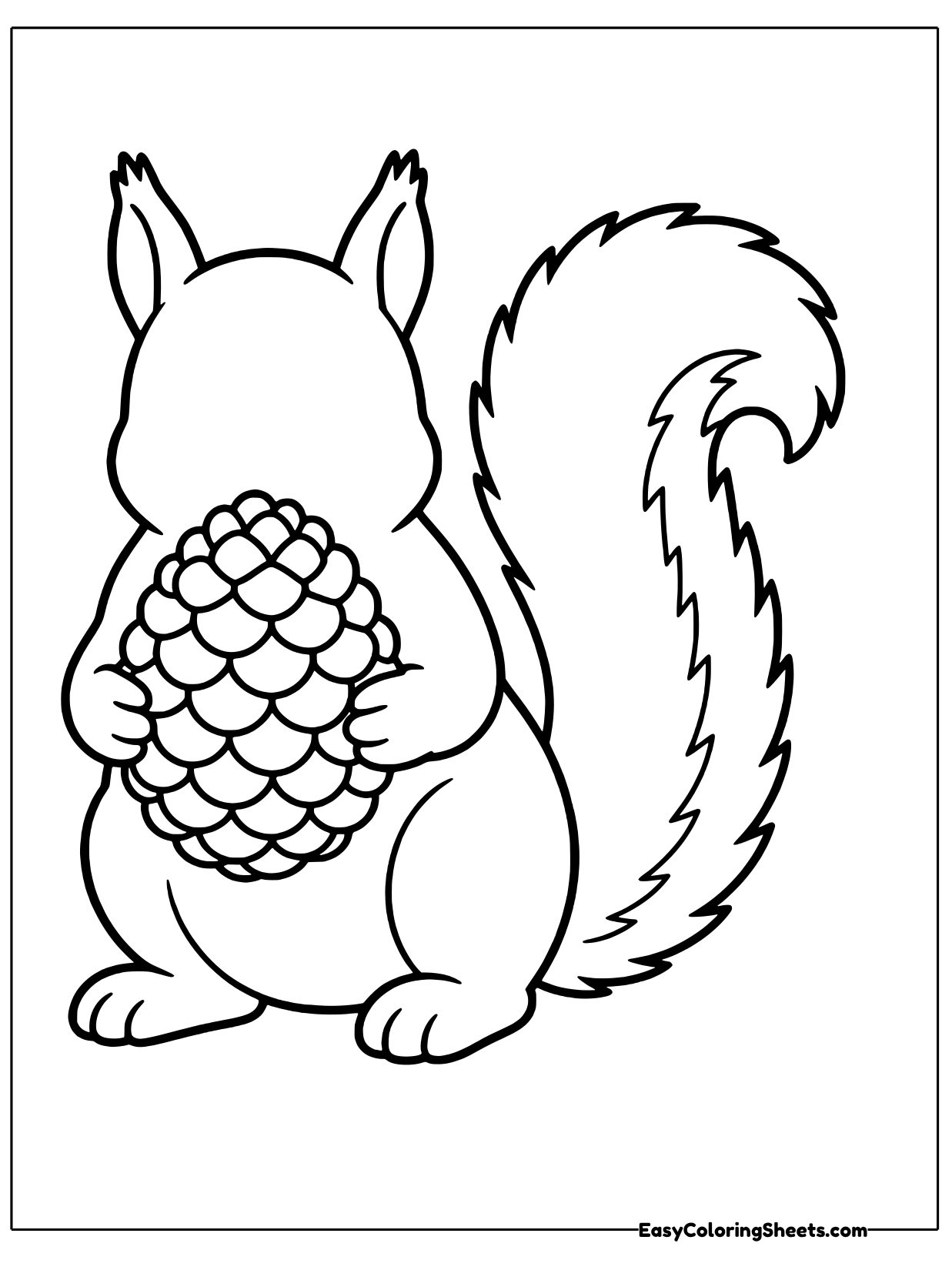 A squirrel seen from behind holds a pinecone with its bushy tail curling up.