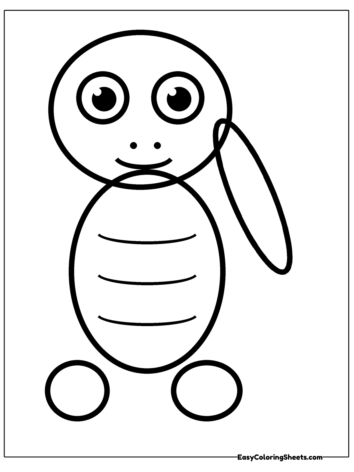 A very simple lizard figure built from a round head, an oval body with stripes, two round feet and a long loop for a tail.