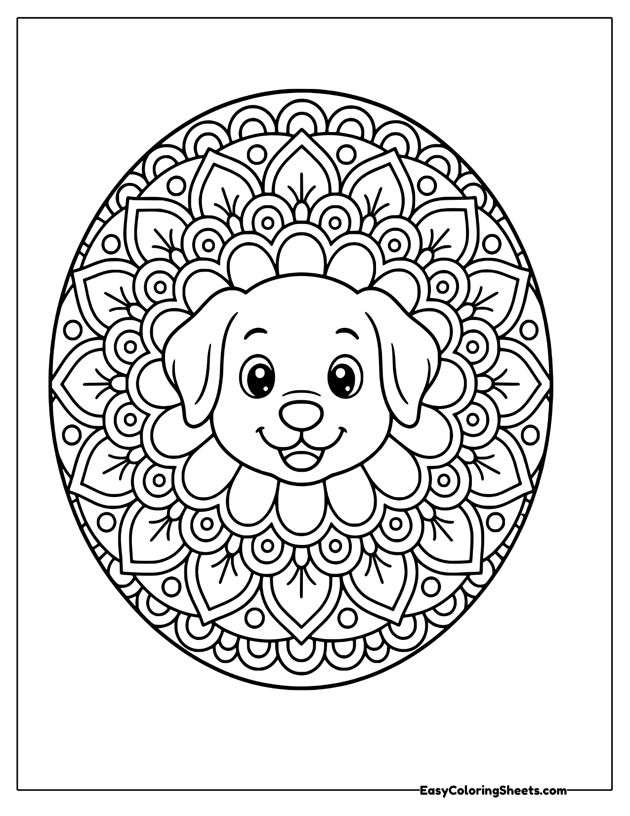Oval mandala with a puppy face in the center