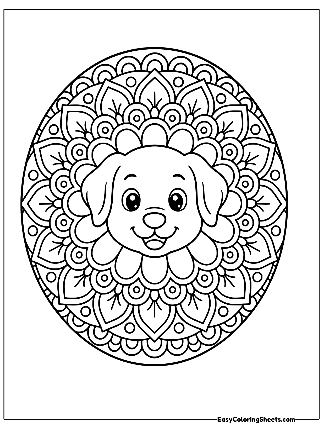 A floppy-eared puppy face sits at the center of an oval mandala filled with petals and dots.
