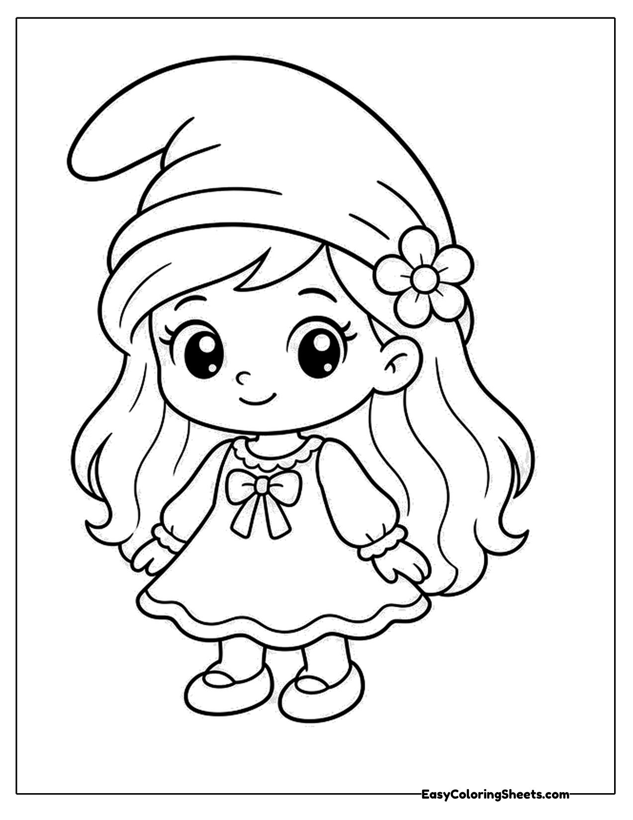 Girl with long hair wearing a pointed cap with a flower