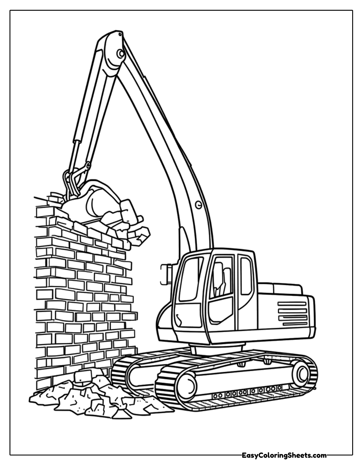 Demolition excavator knocking down a wall